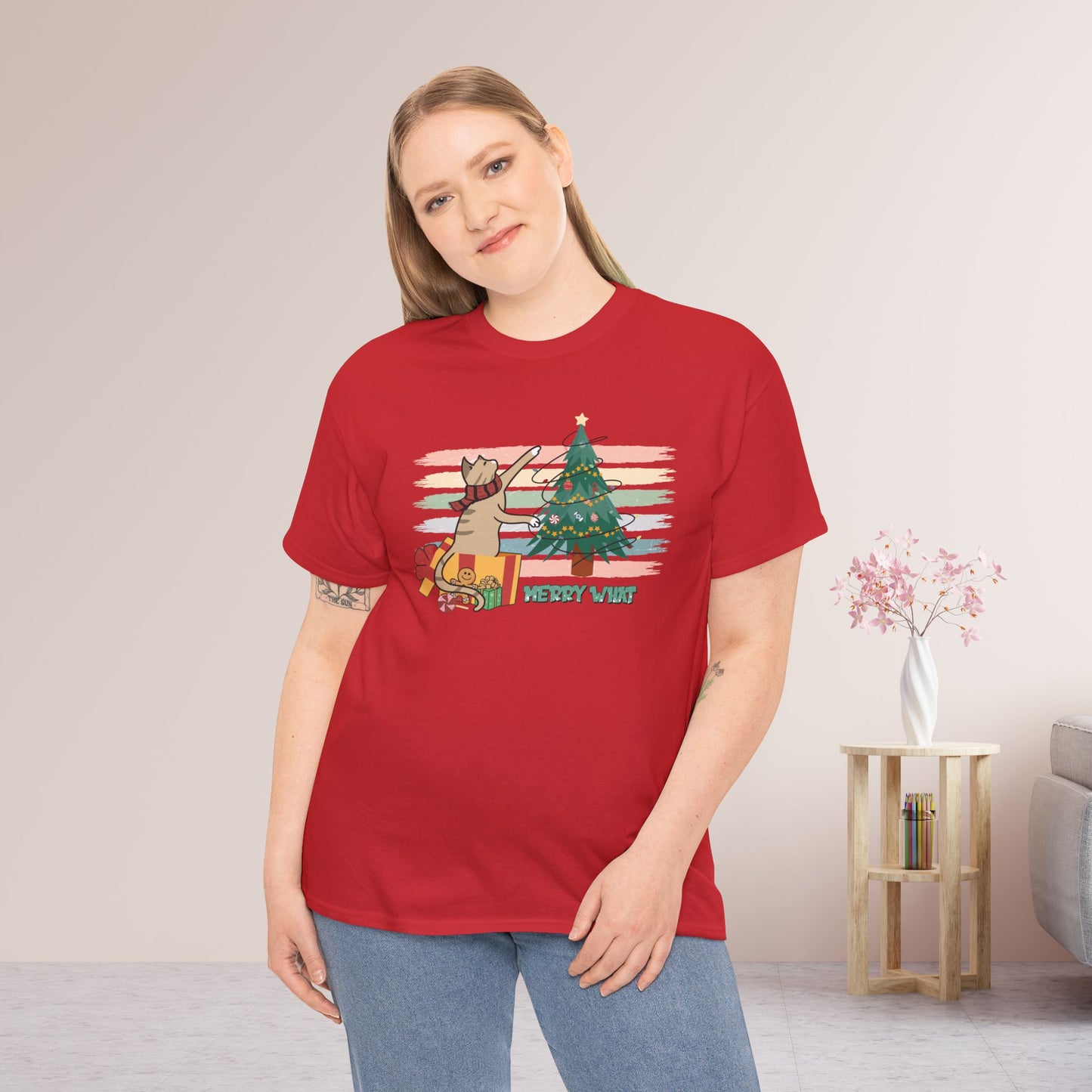 Merry What Funny Cat Christmas Heavy Cotton Tee - Cat Lovers Christmas Gift