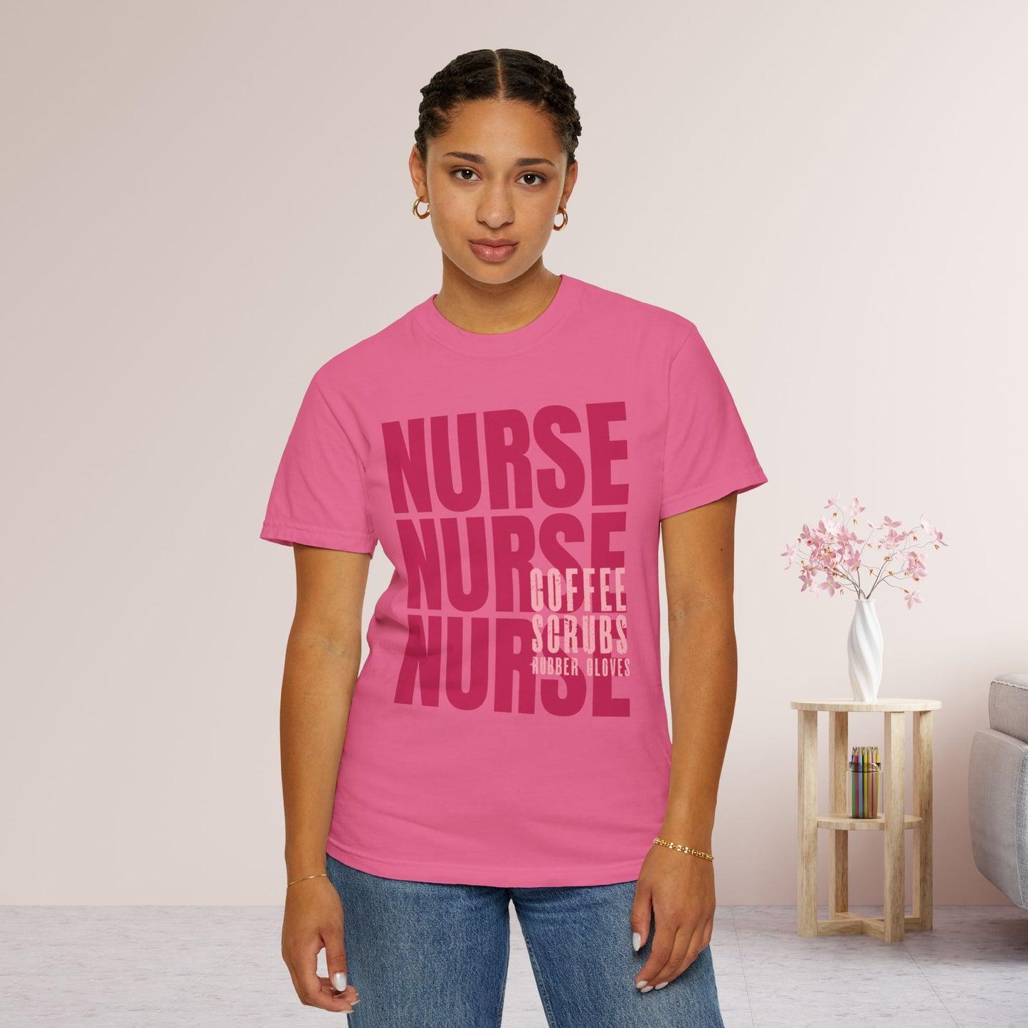 Pink Comfort Colors Nurse Shirt - Coffee Scrubs Rubber Gloves Shirt