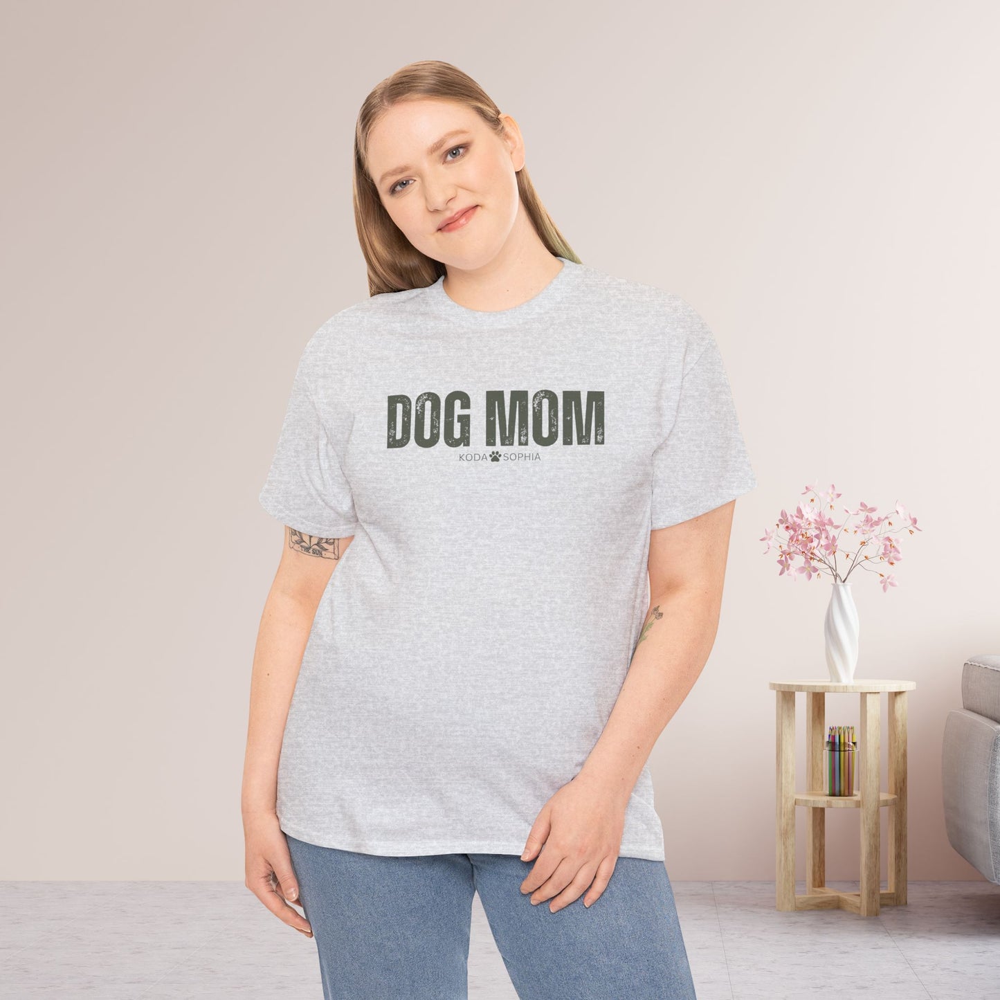 Custom Dog Mom Heavy Cotton Tee with Dogs Name - Personalized Dog Lover Gift