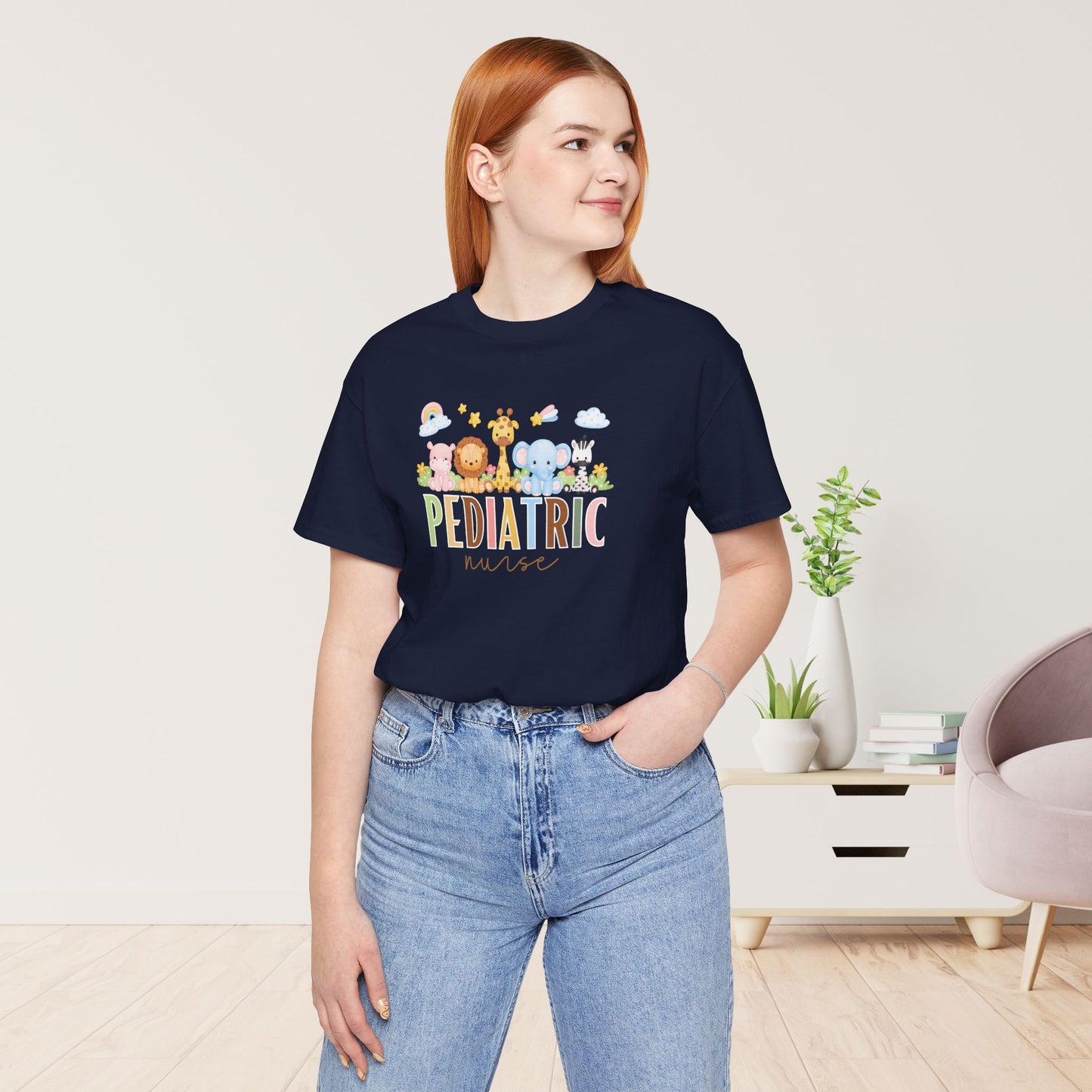 Cute Pediatric Nurse Soft Cotton Tee with Safari Animals for PEDS Nurse