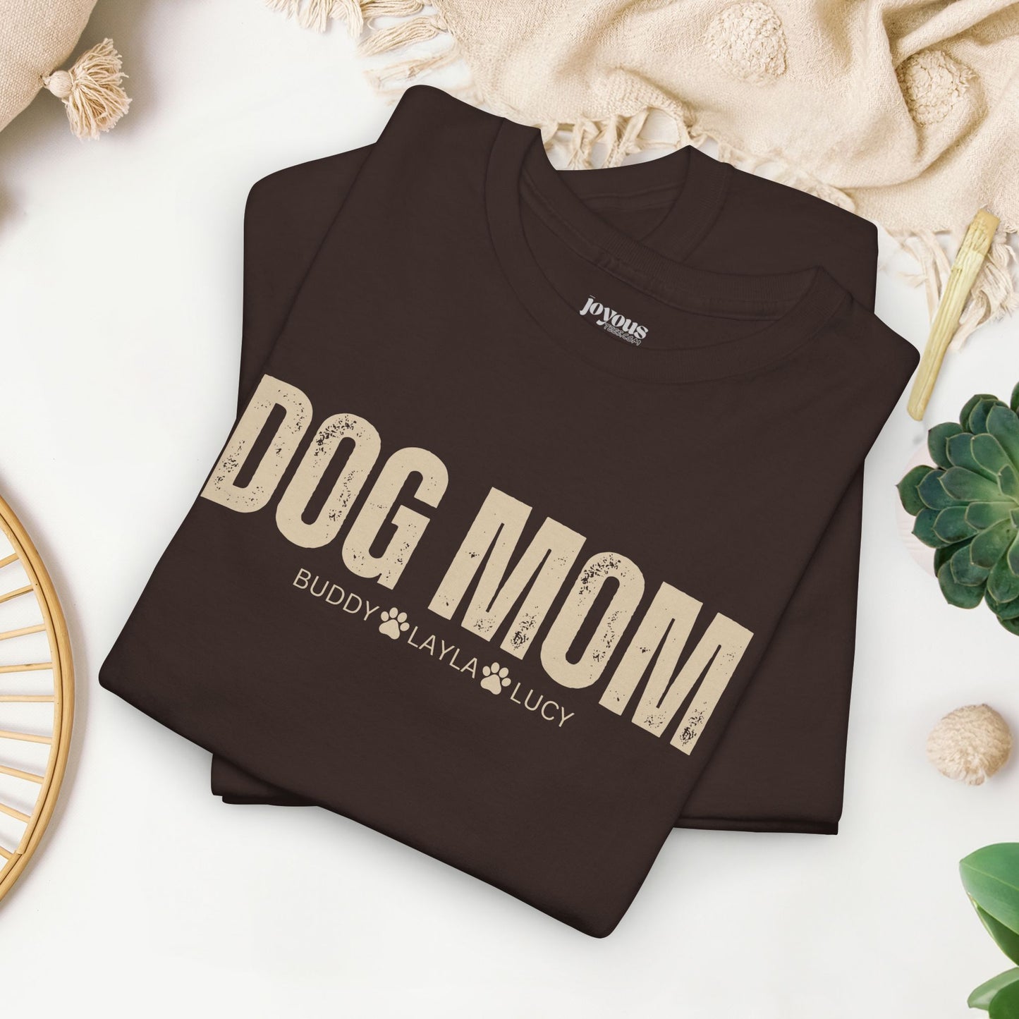 Custom Dog Mom Heavy Cotton Tee with Dogs Name - Personalized Dog Lover Gift
