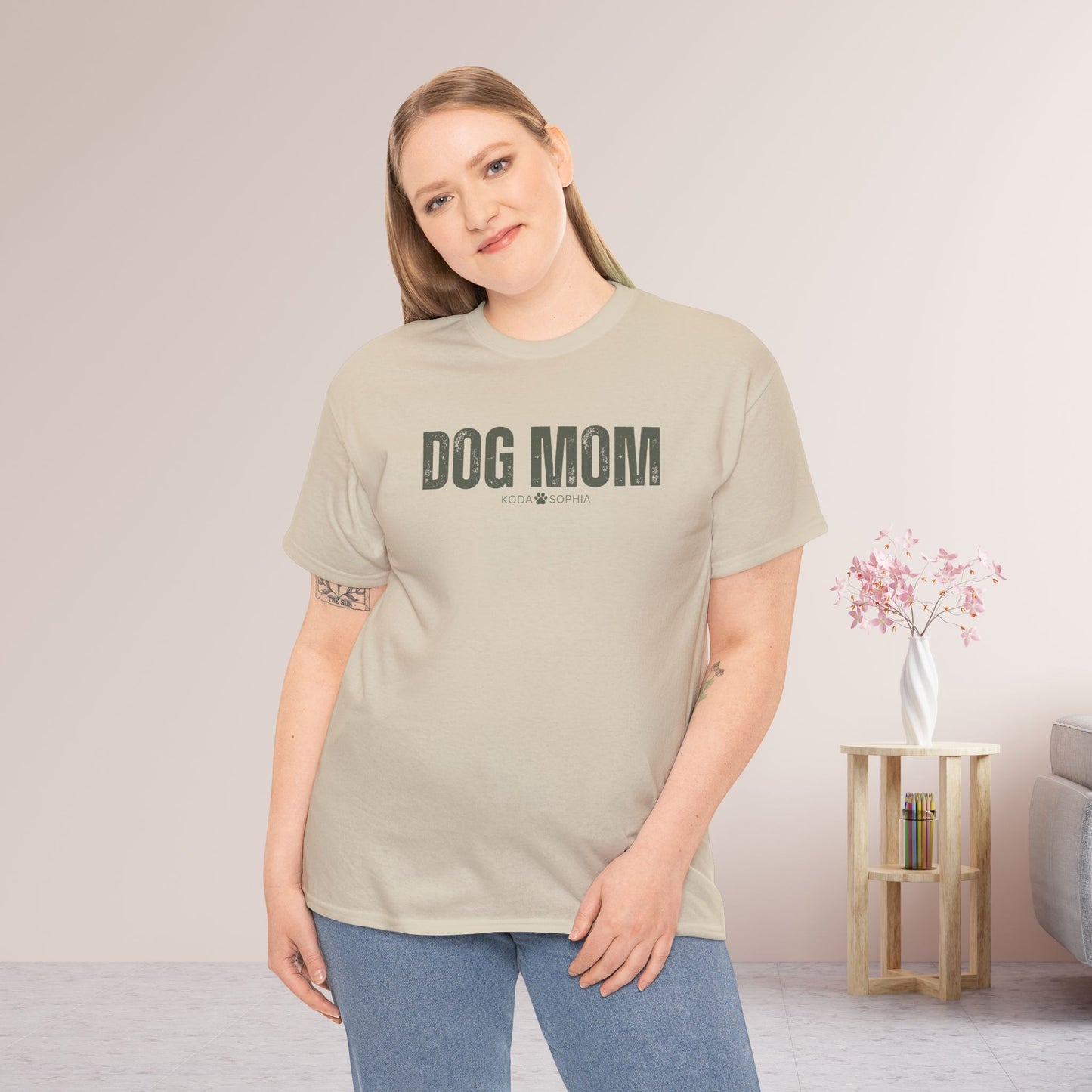 Custom Dog Mom Heavy Cotton Tee with Dogs Name - Personalized Dog Lover Gift