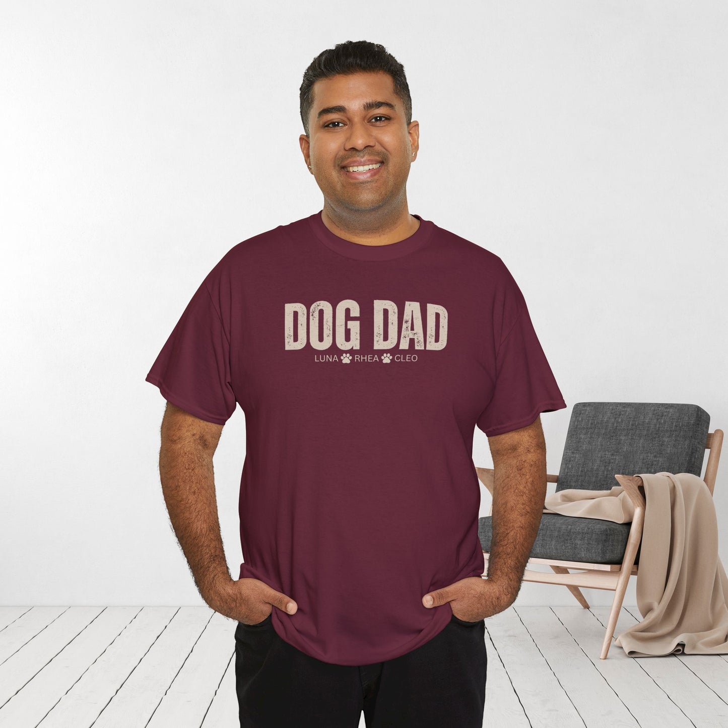 Custom Dog Dad Heavy Cotton Tee with Dogs Name - Personalized Dog Lover Gift