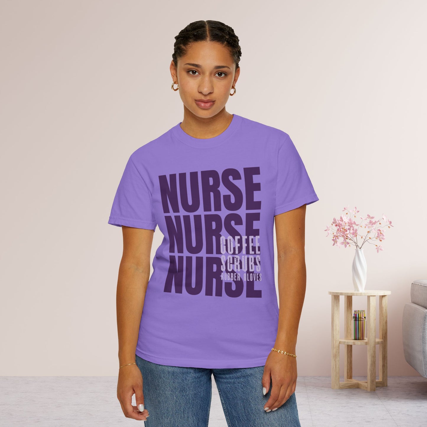 Purple Comfort Colors Nurse Shirt - Coffee Scrubs Rubber Gloves Shirt