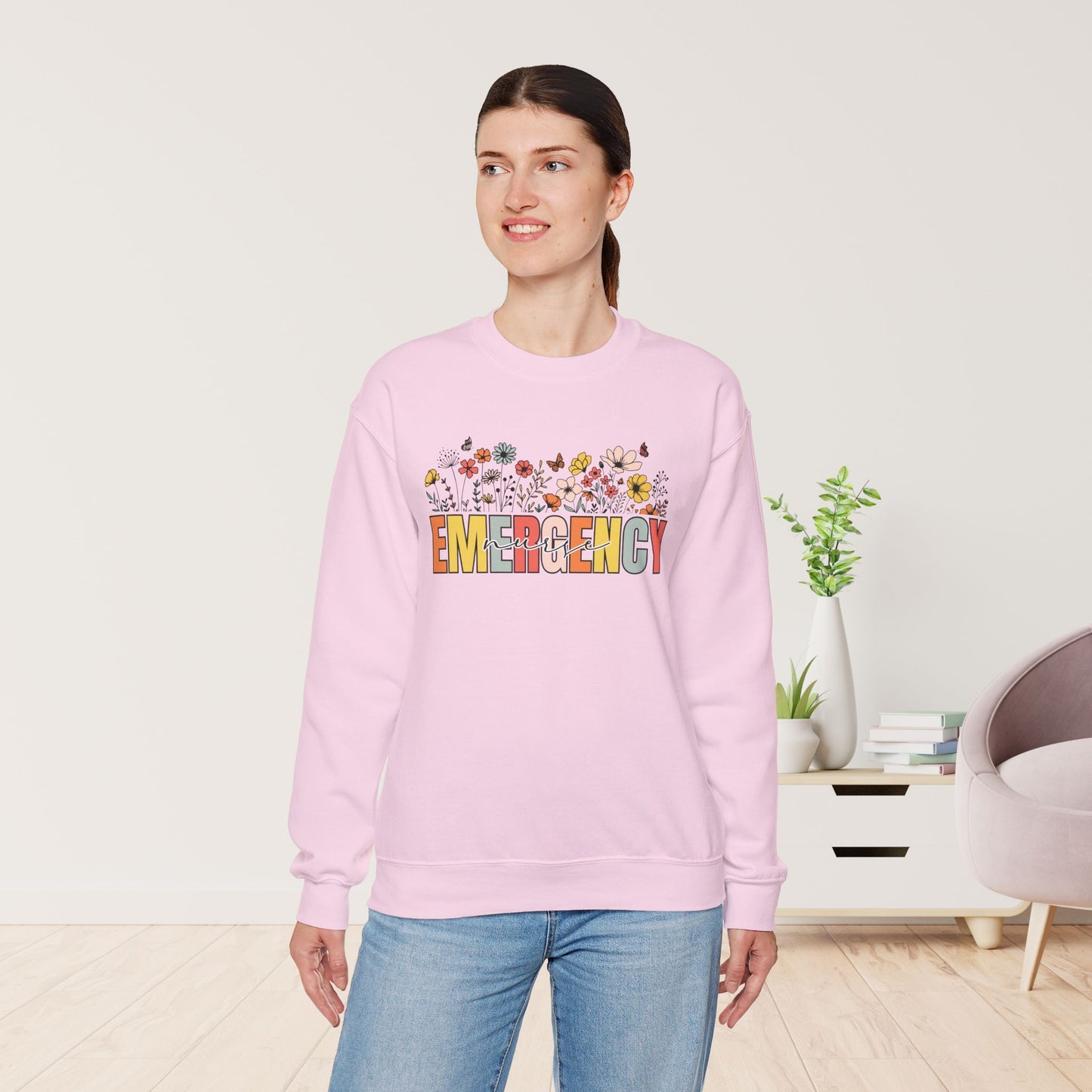 Emergency Nurse Sweatshirt with Spring Flowers for ER Nurse