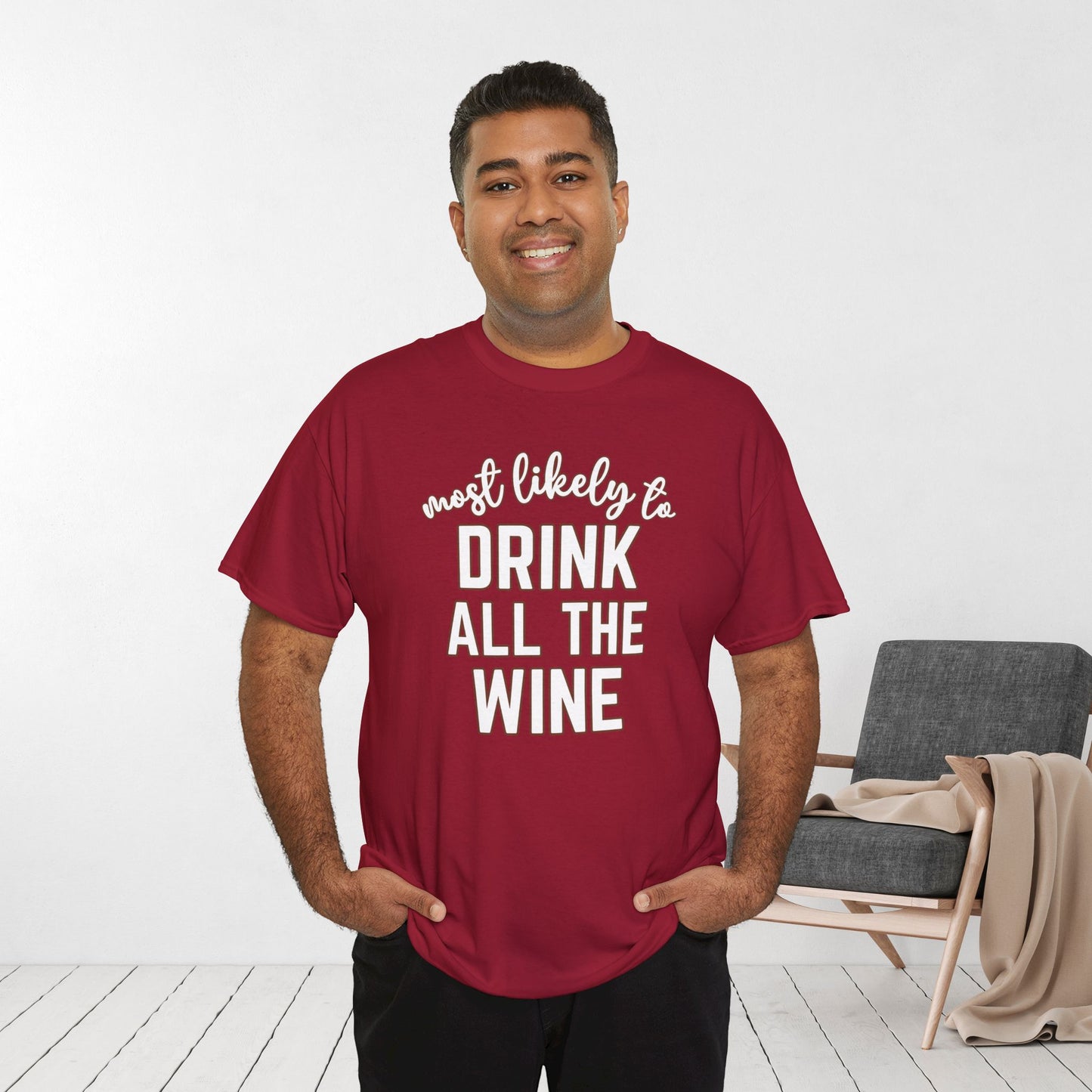 Funny Thanksgiving Shirt - Most Likely to Drink All The Wine Heavy Cotton Tee