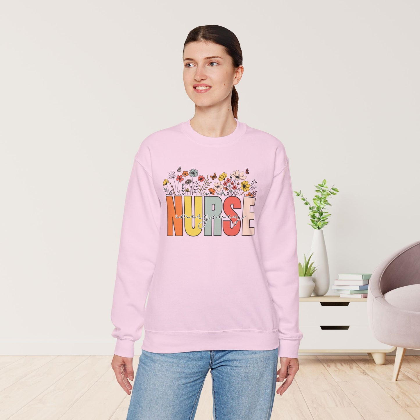 ER Nurse Sweatshirt with Spring Flowers for Emergency Room Nurse