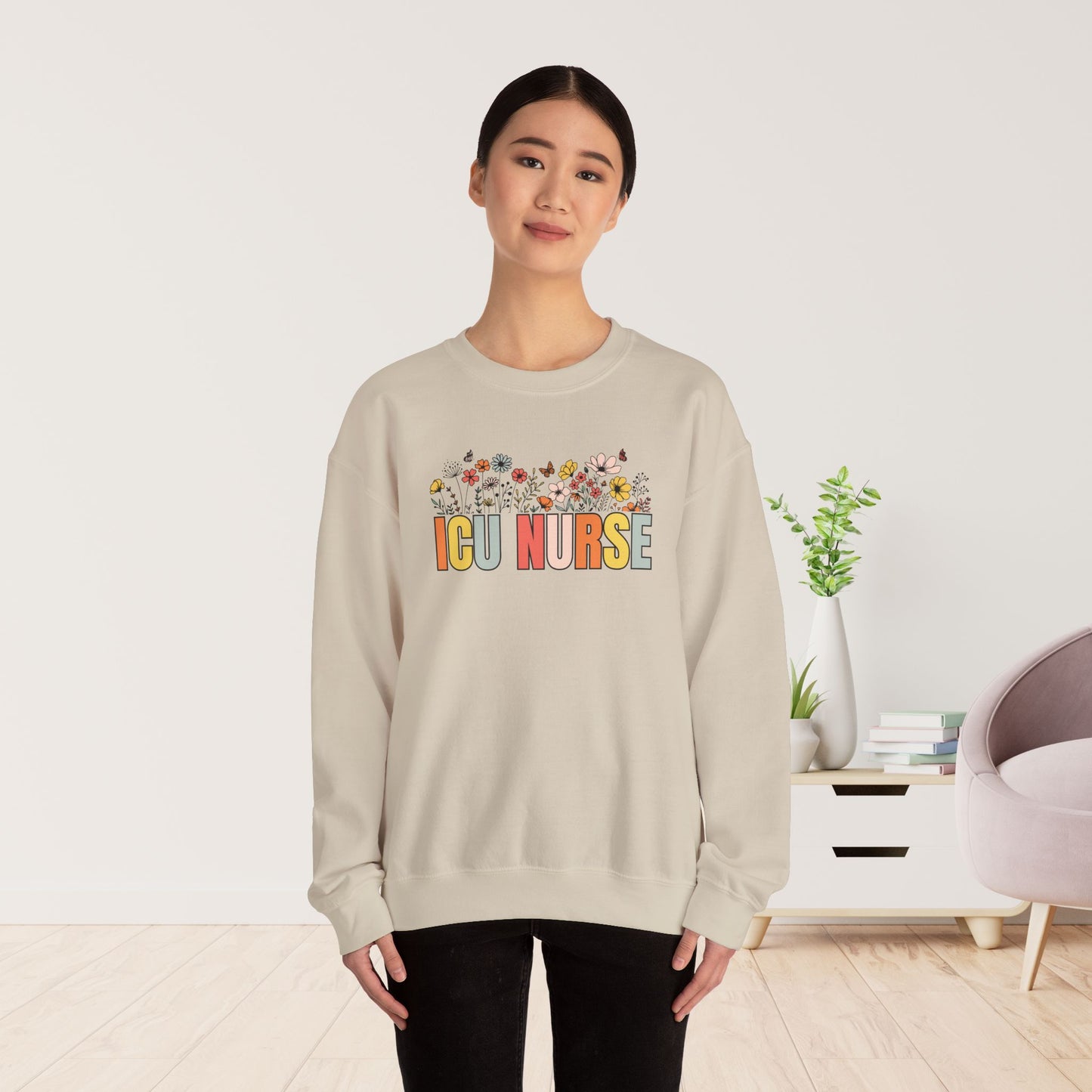 Spring ICU Nurse Sweatshirt with Flowers for Intensive Care Nurse