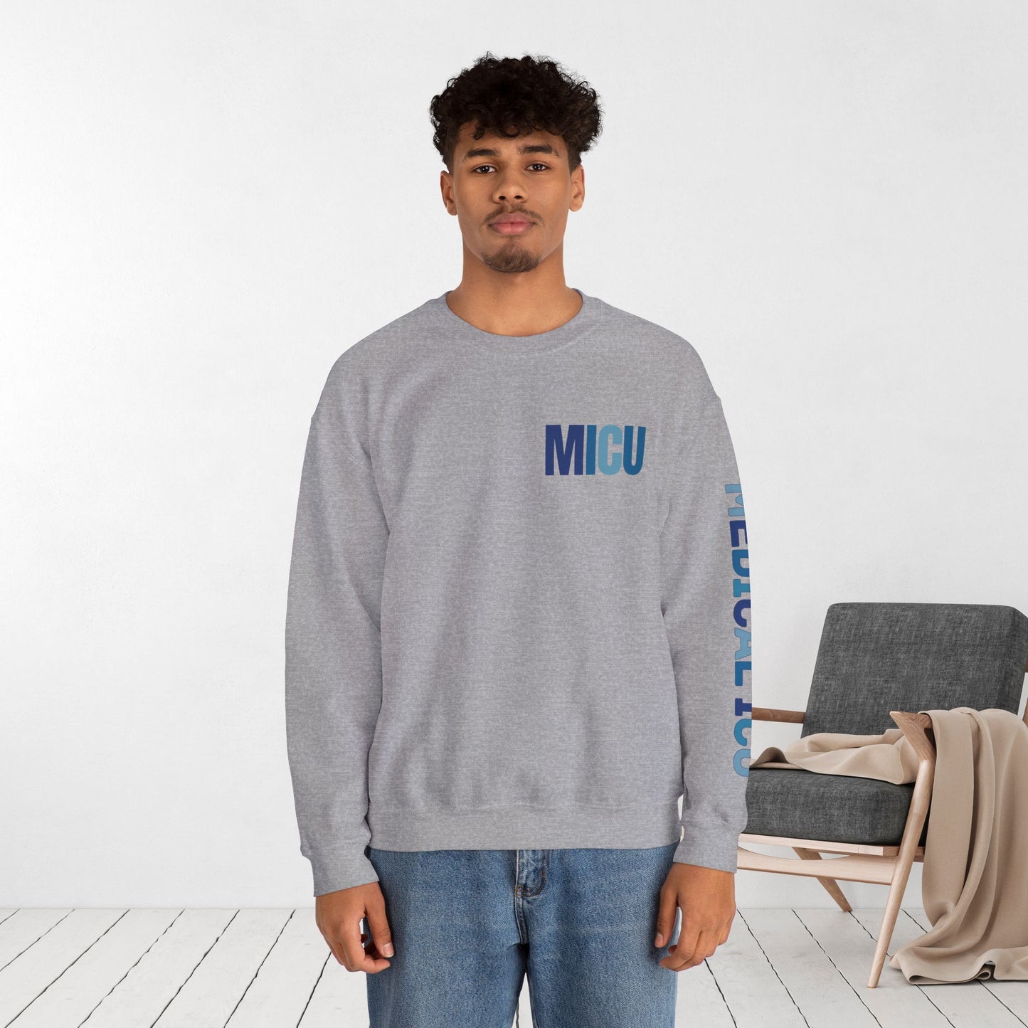 Trendy Blue MICU Sweatshirt with Sleeve Print - Medical ICU Crewneck