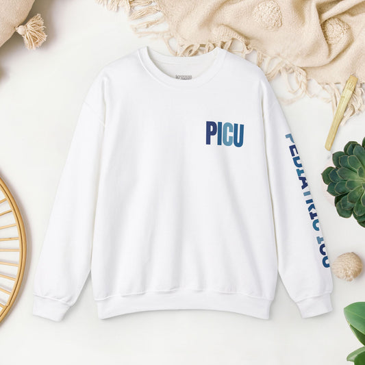 Trendy Blue PICU Sweatshirt with Sleeve Print - Pediatric ICU Crewneck