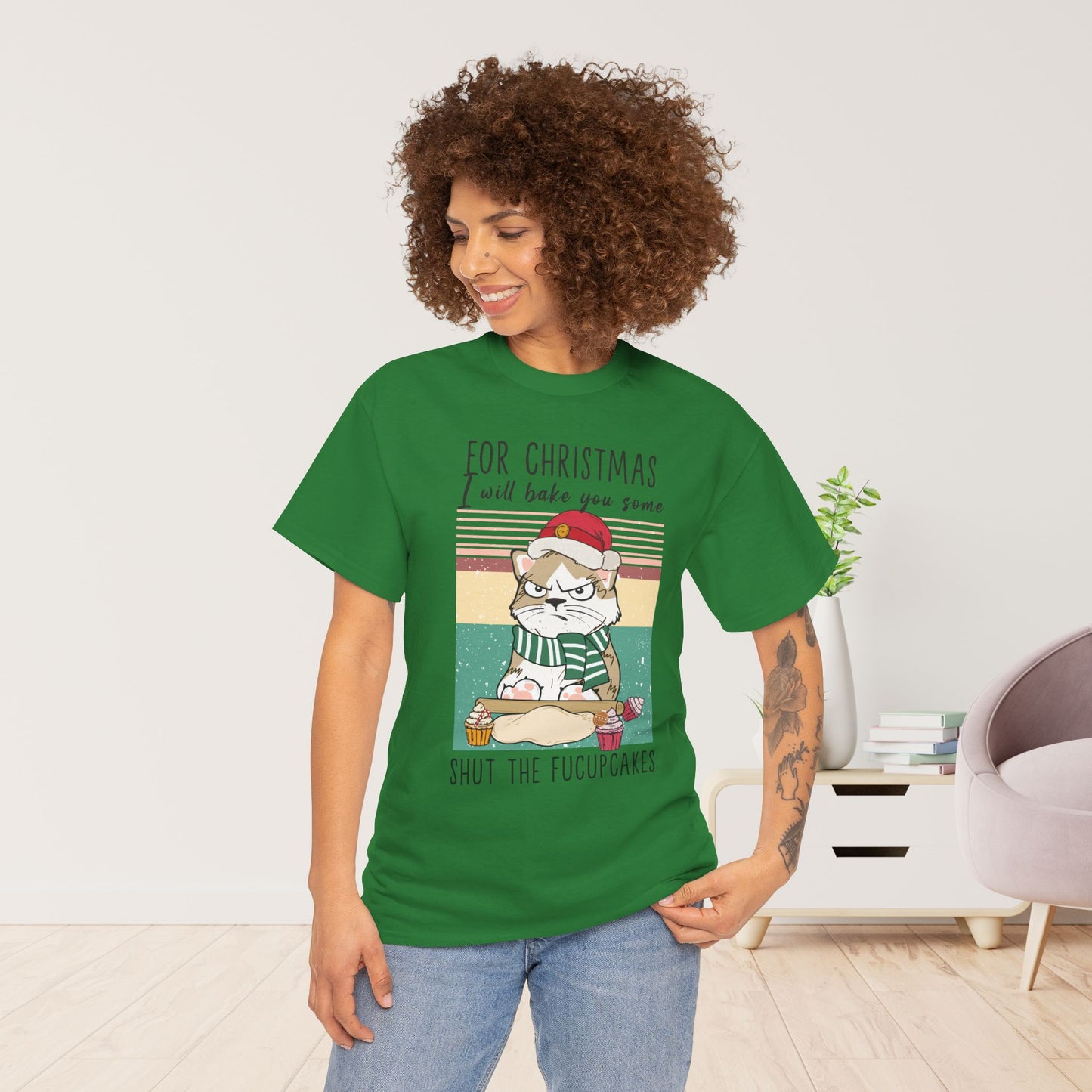 For Christmas I Will Bake You Some Shut The Fucupcakes Funny Cat Christmas Heavy Cotton Tee - Cat Lovers Christmas Gift