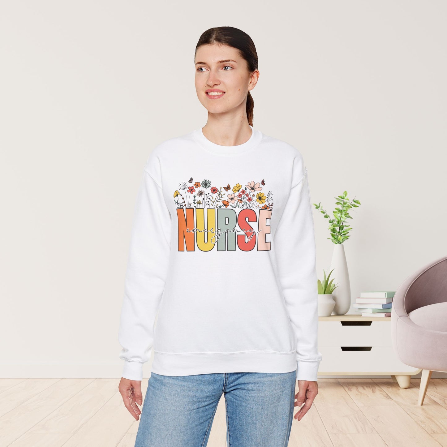 ER Nurse Sweatshirt with Spring Flowers for Emergency Room Nurse