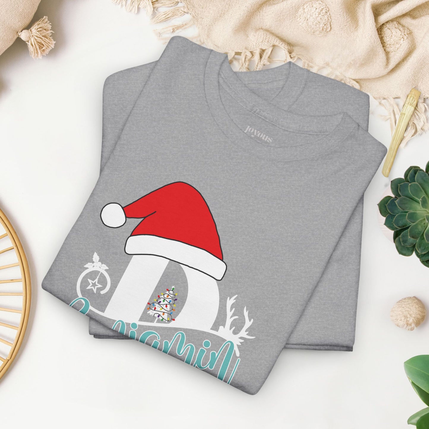 Personalized Christmas Monogram Heavy Cotton Tee with First Name - Custom Christmas Gifts