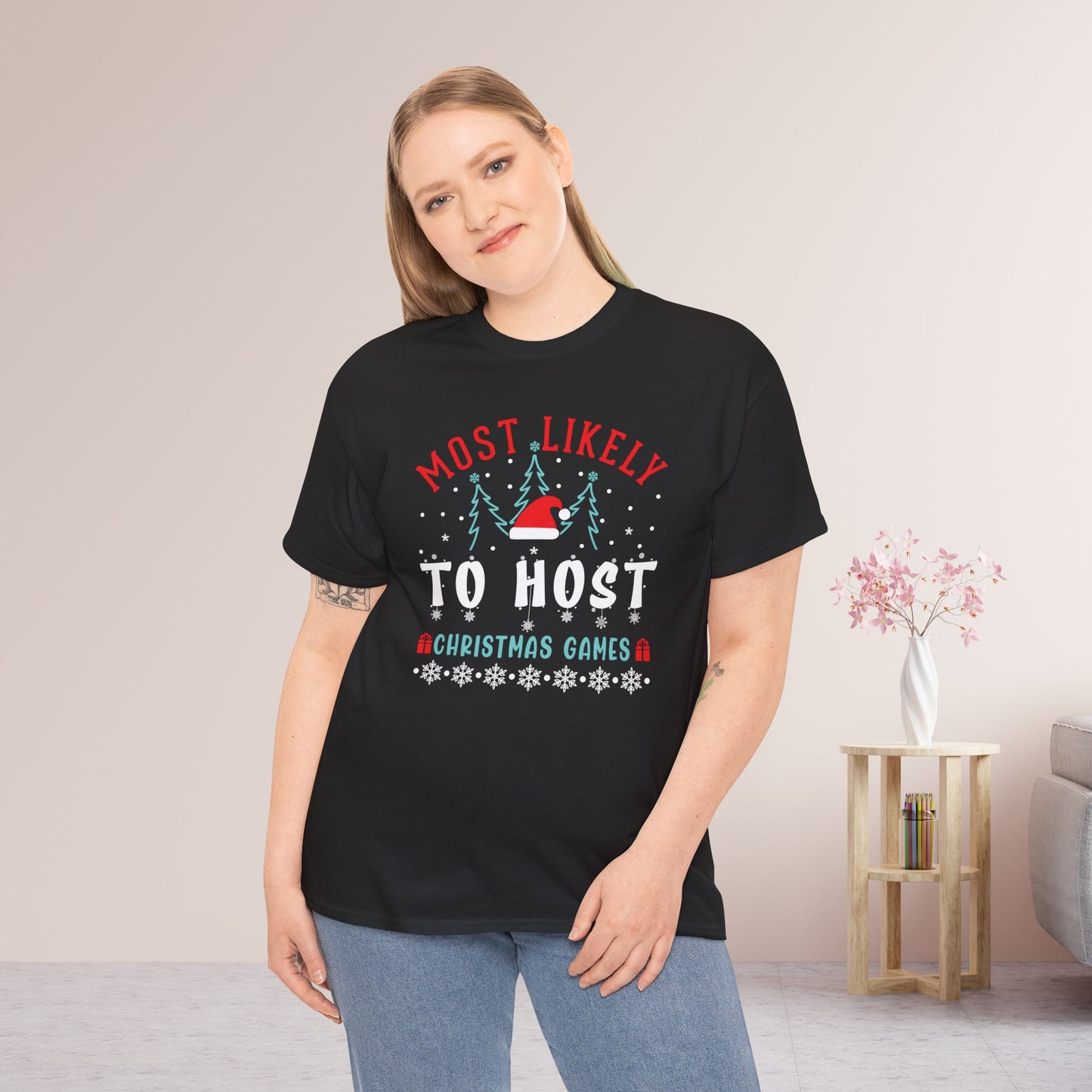 Most Likely To Host Christmas Games Funny Christmas Shirt - Matching Family Christmas Heavy Cotton Tee