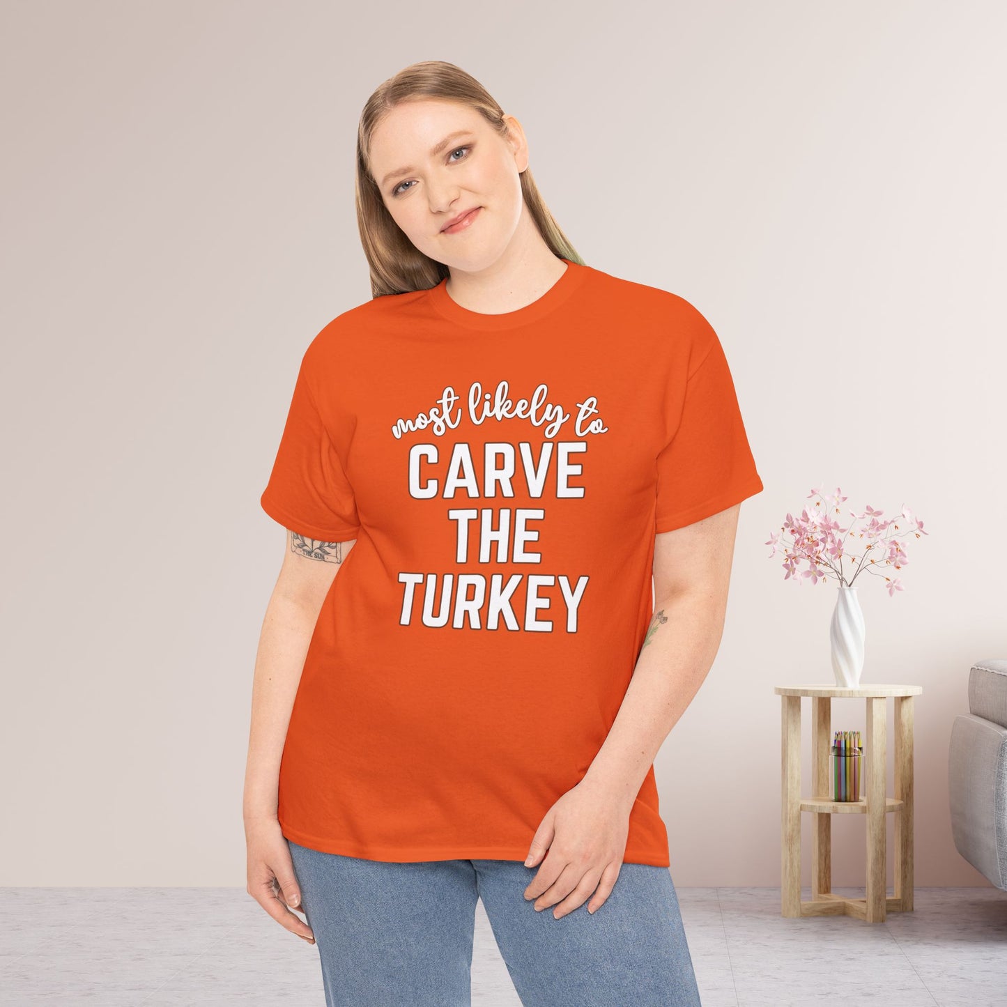 Funny Thanksgiving Shirt - Most Likely To Carve the Turkey Heavy Cotton Tee