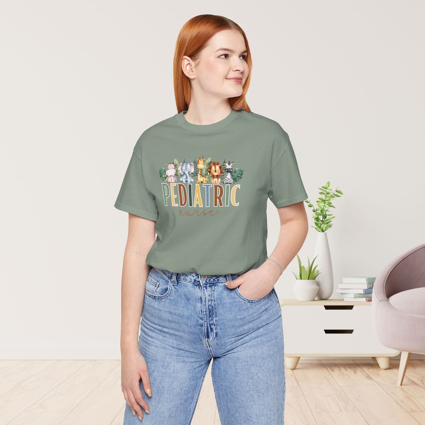 Pediatric Nurse Soft Cotton Tee with Cute Safari Animals for PEDS Nurse