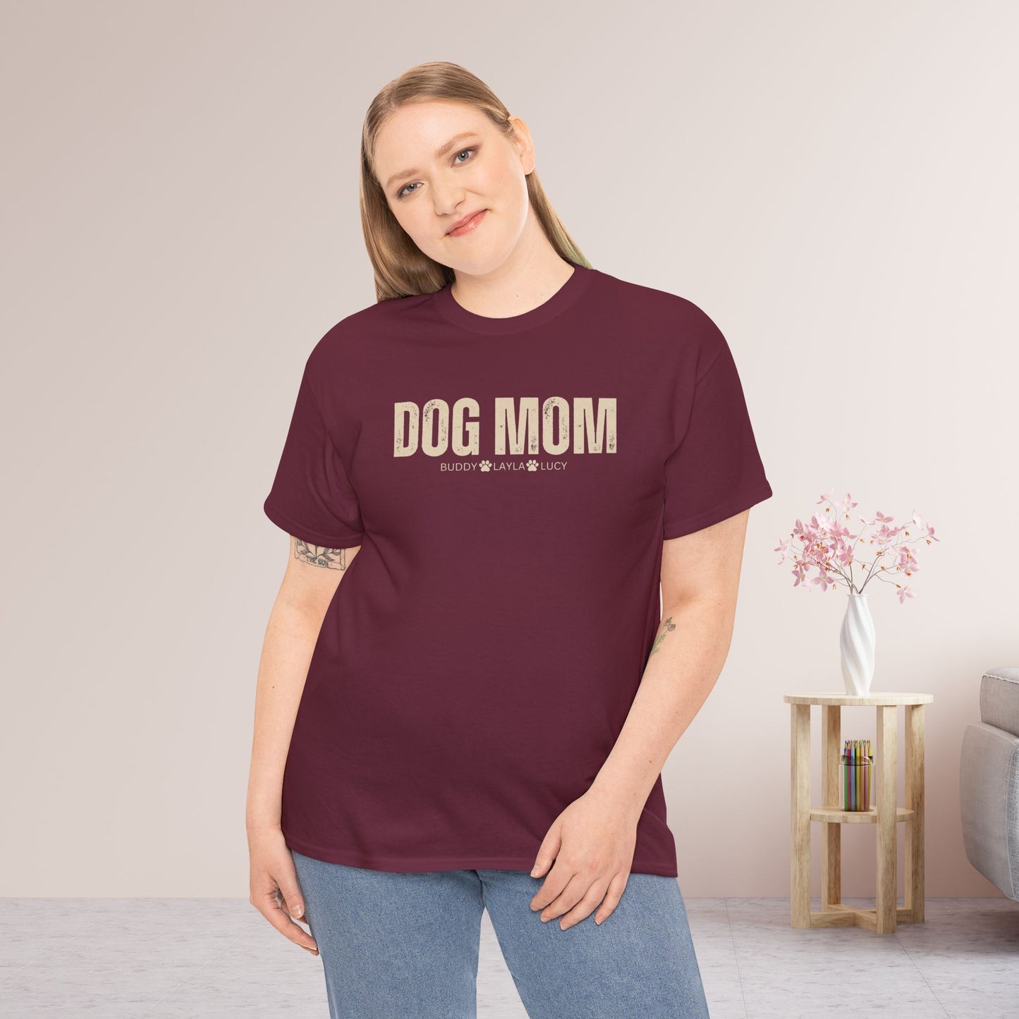 Custom Dog Mom Heavy Cotton Tee with Dogs Name - Personalized Dog Lover Gift