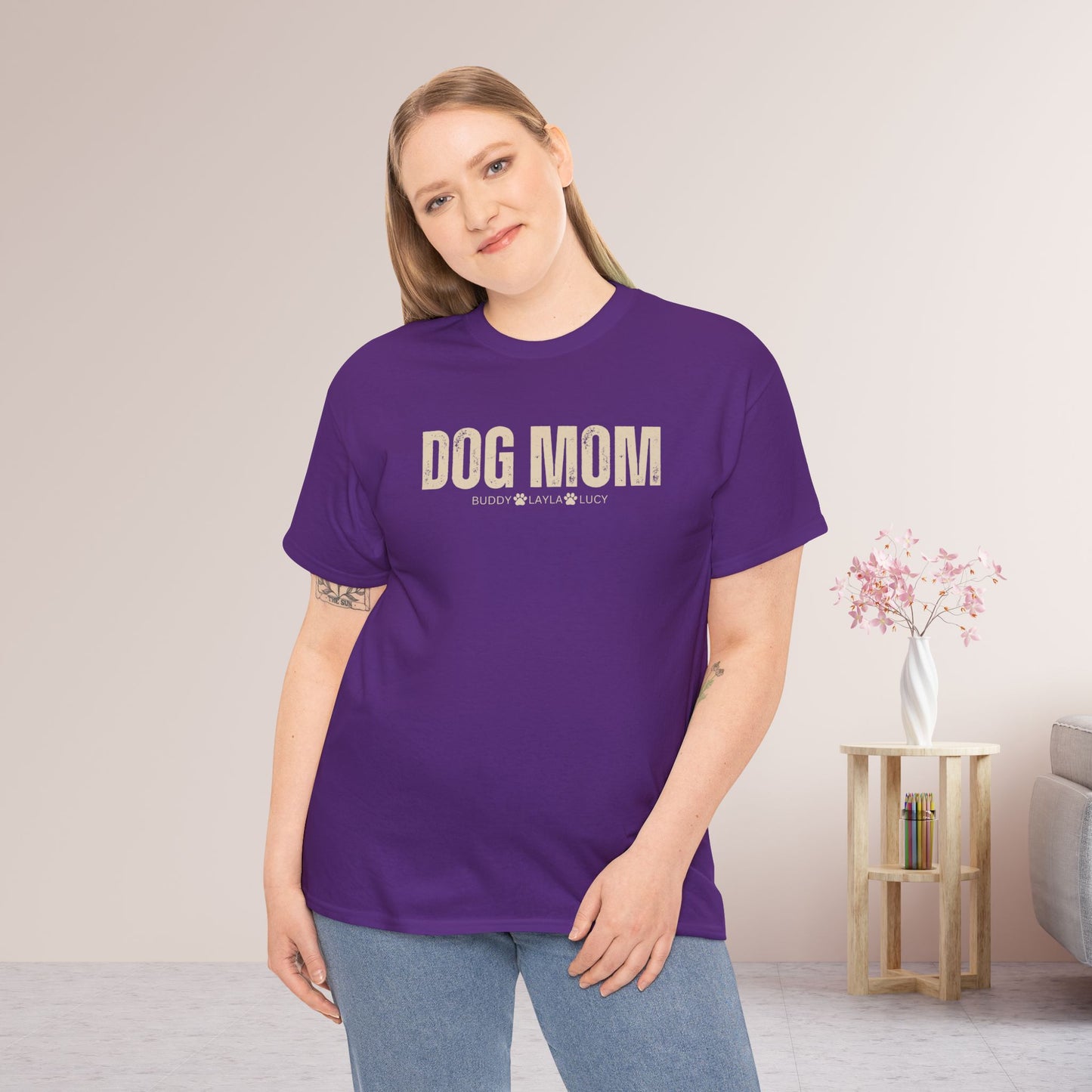 Custom Dog Mom Heavy Cotton Tee with Dogs Name - Personalized Dog Lover Gift