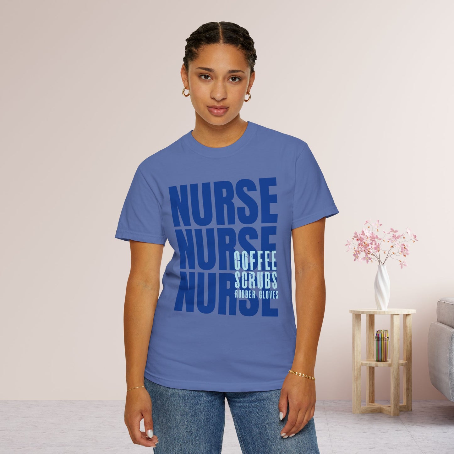 Blue Comfort Colors Nurse Shirt - Coffee Scrubs Rubber Gloves Shirt