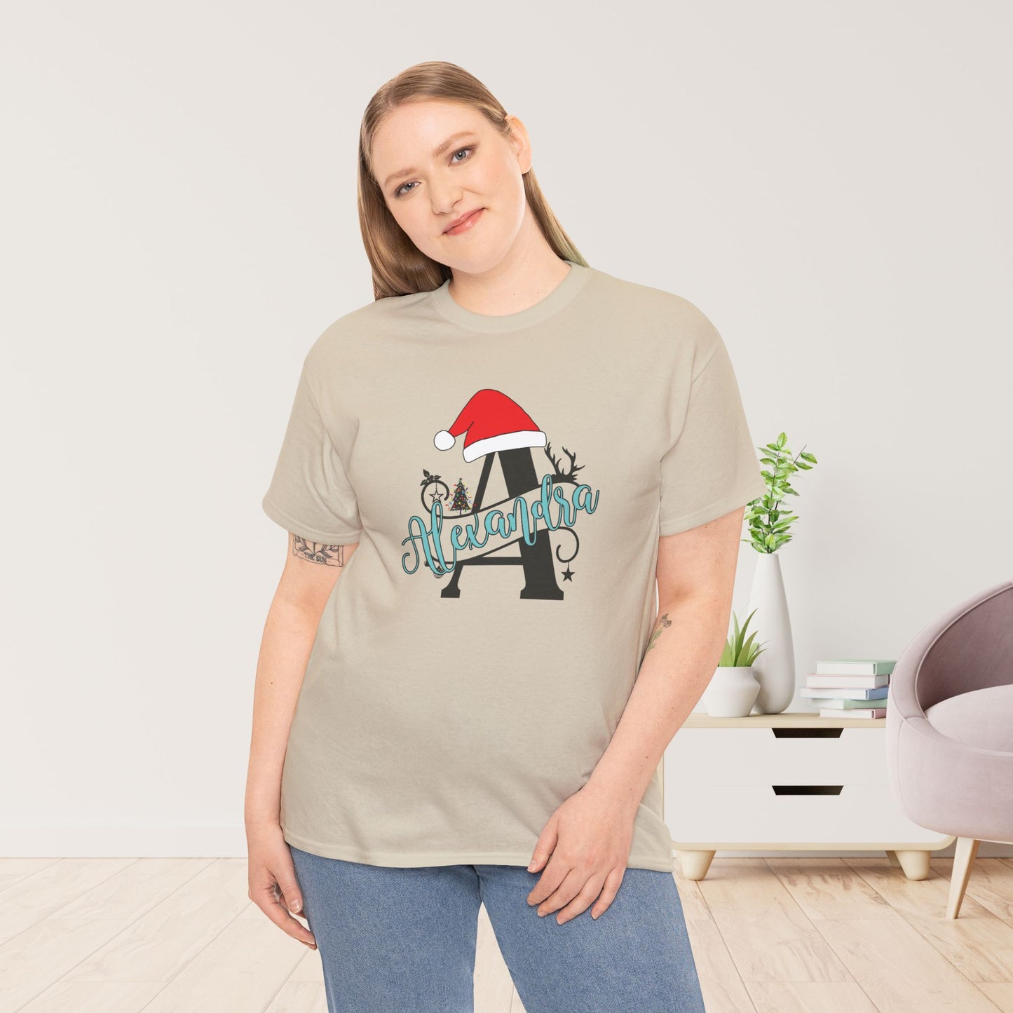 Personalized Christmas Monogram Heavy Cotton Tee with First Name - Custom Christmas Gifts