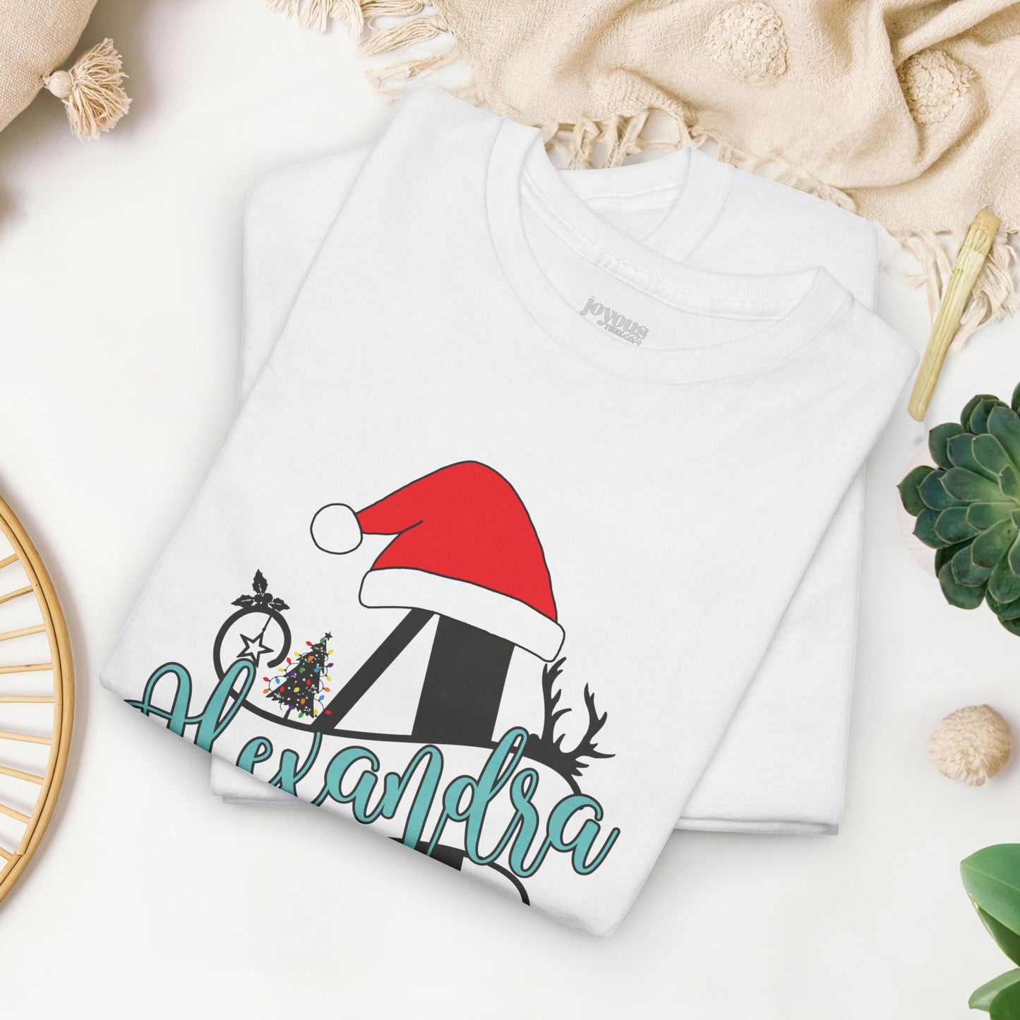 Personalized Christmas Monogram Heavy Cotton Tee with First Name - Custom Christmas Gifts