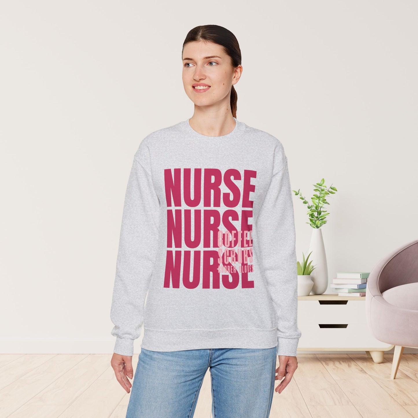 Pink Nurse Sweatshirt - Coffee Scrubs Rubber Gloves Shirt