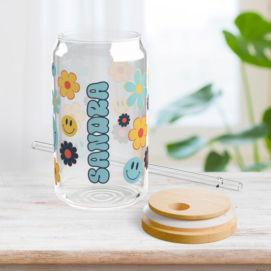 Groovy Personalized Floral Sipper Glass with First Name - Custom Name Gifts A-Z