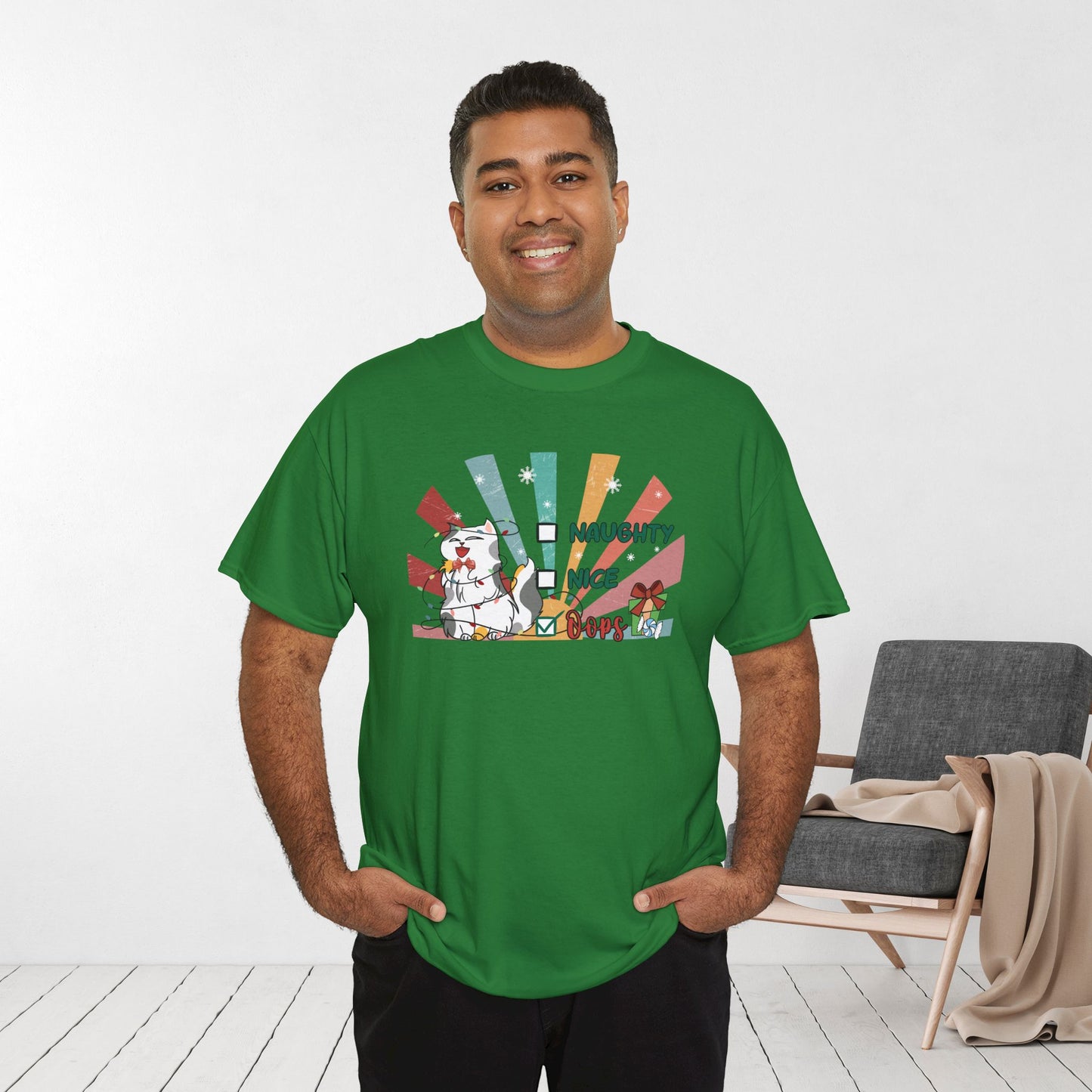 Naughty Nice Oops Funny Cat Christmas Heavy Cotton Tee - Cat Lovers Christmas Gift