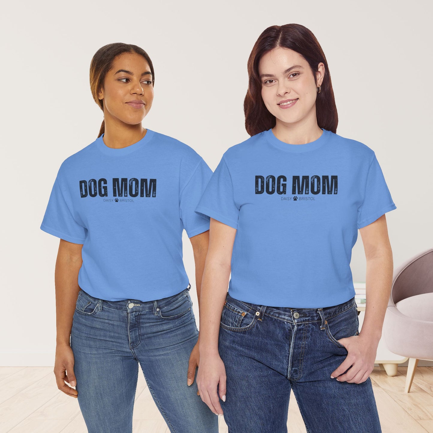 Custom Dog Mom Heavy Cotton Tee with Dogs Name - Personalized Dog Lover Gift