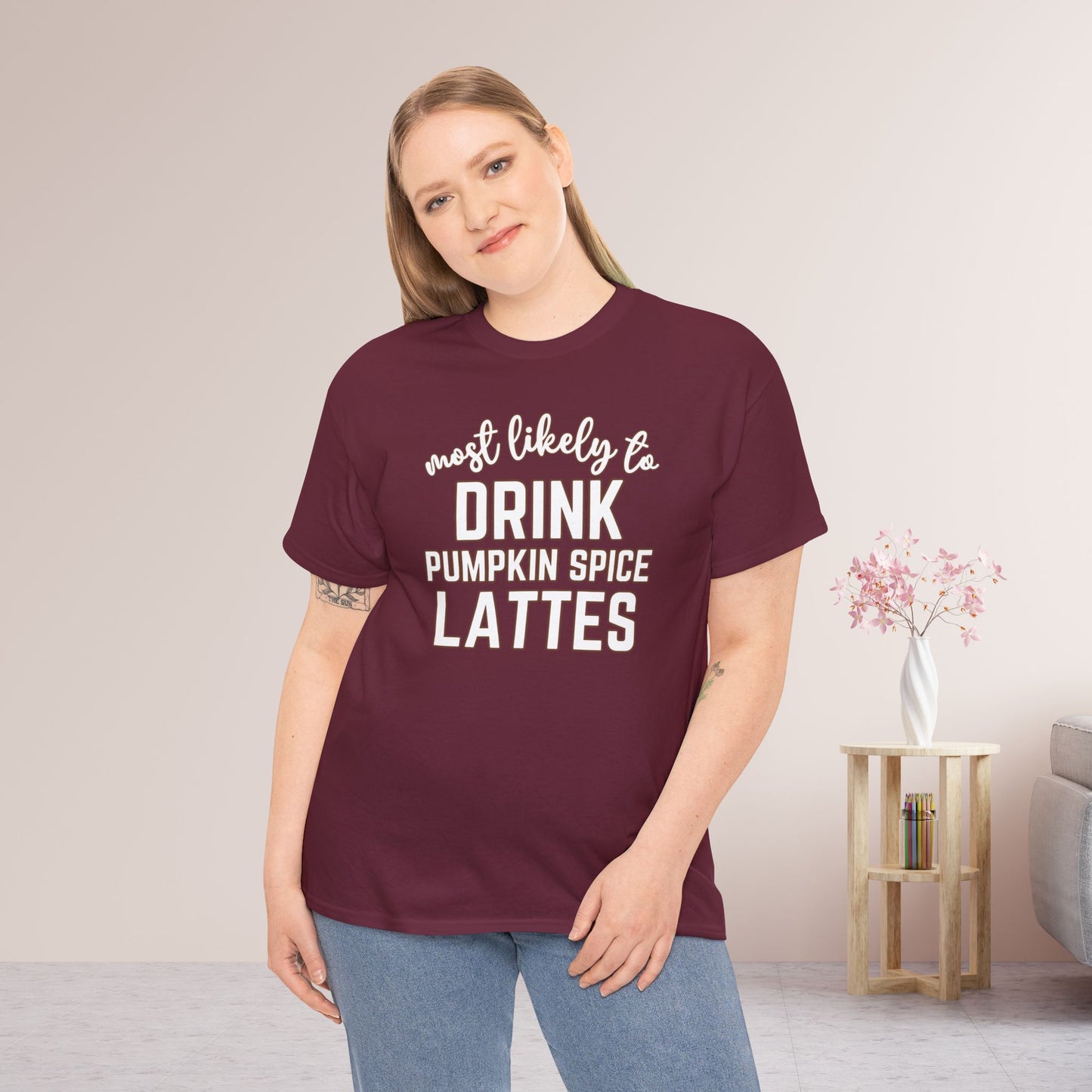 Funny Thanksgiving Shirt - Most Likely to Drink Pumpkin Spice Lattes Heavy Cotton Tee