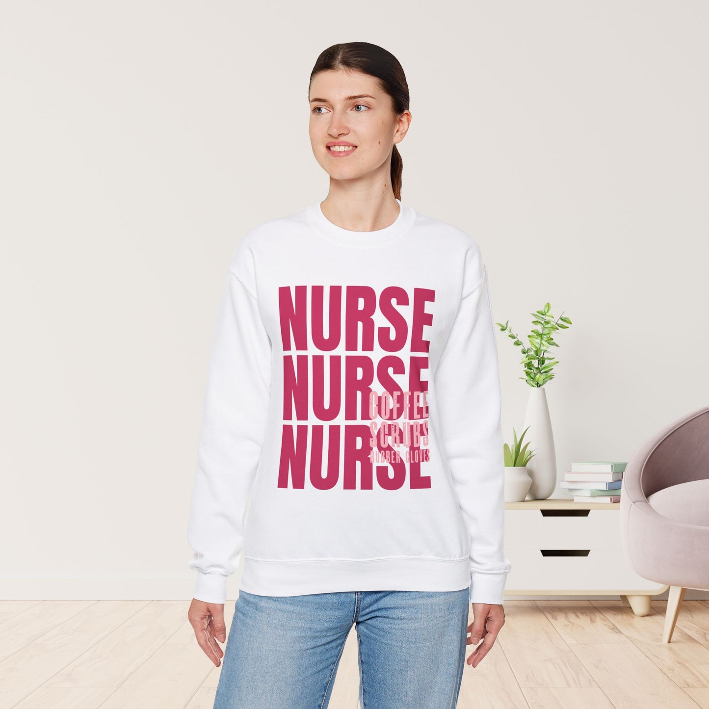 Pink Nurse Sweatshirt - Coffee Scrubs Rubber Gloves Shirt