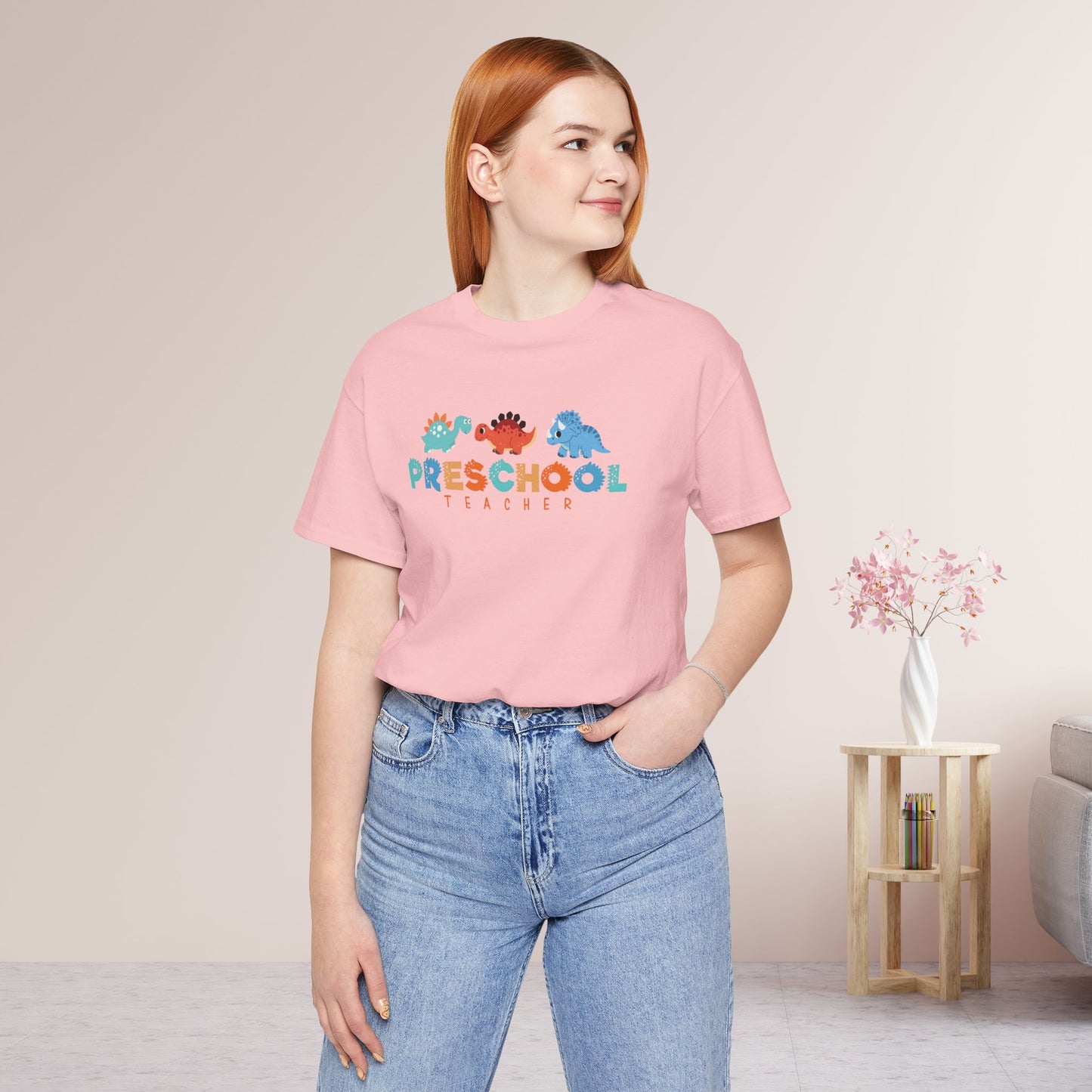 Preschool Teacher Soft Cotton Tee with Dinosaurs