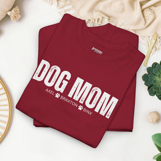 Custom Dog Mom Heavy Cotton Tee with Dogs Name - Personalized Dog Lover Gift