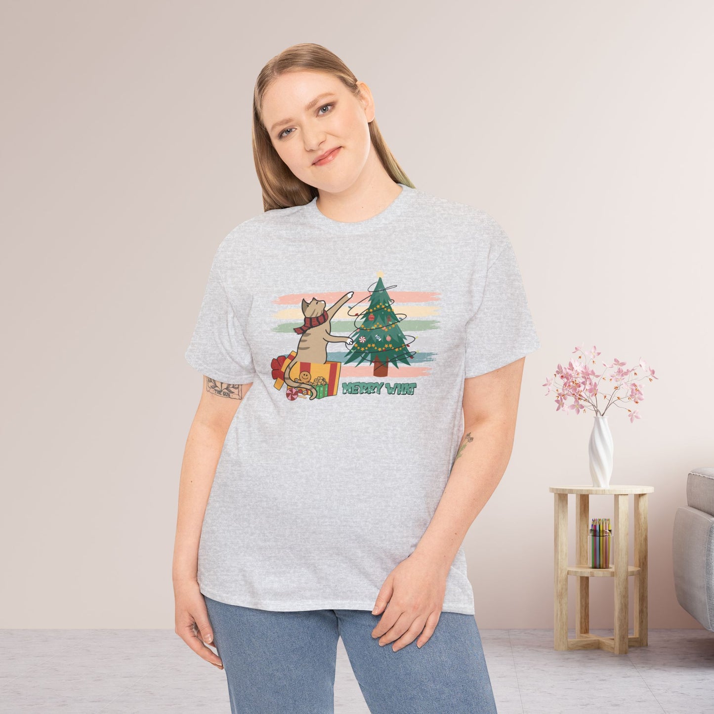 Merry What Funny Cat Christmas Heavy Cotton Tee - Cat Lovers Christmas Gift