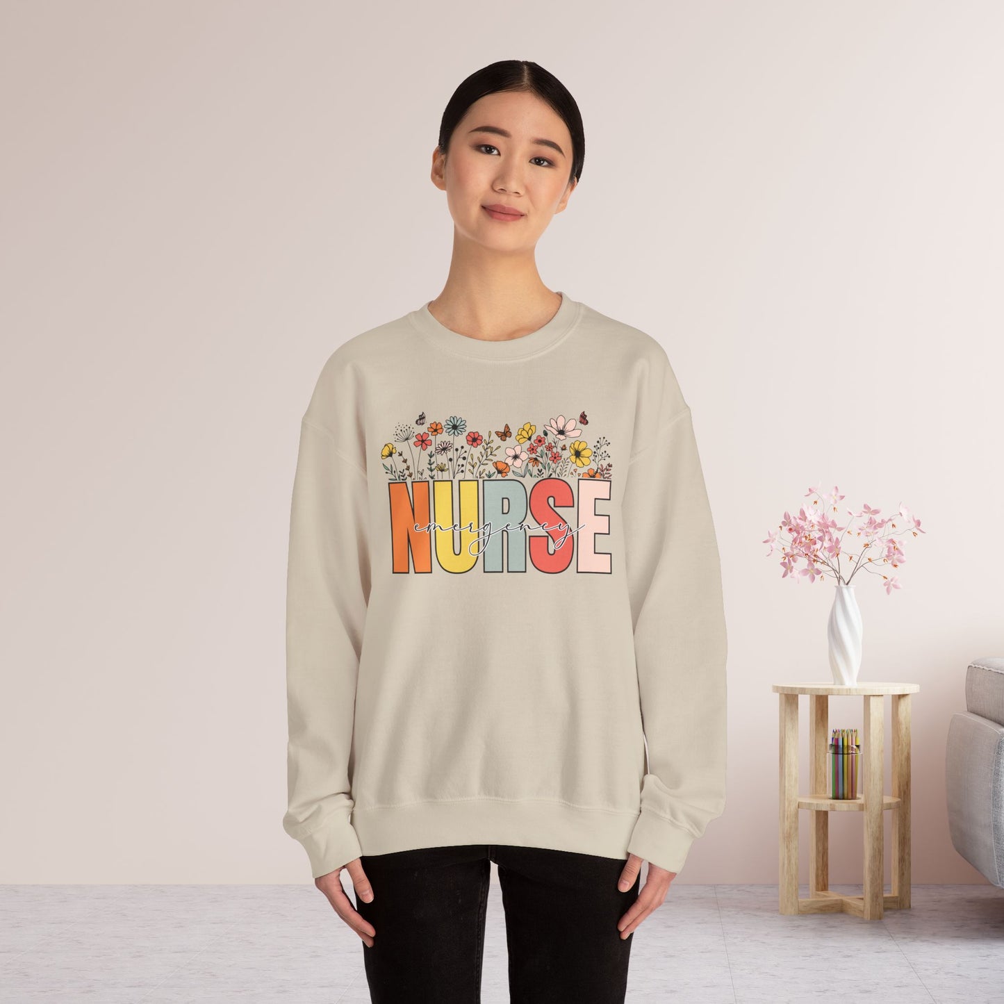 ER Nurse Sweatshirt with Spring Flowers for Emergency Room Nurse