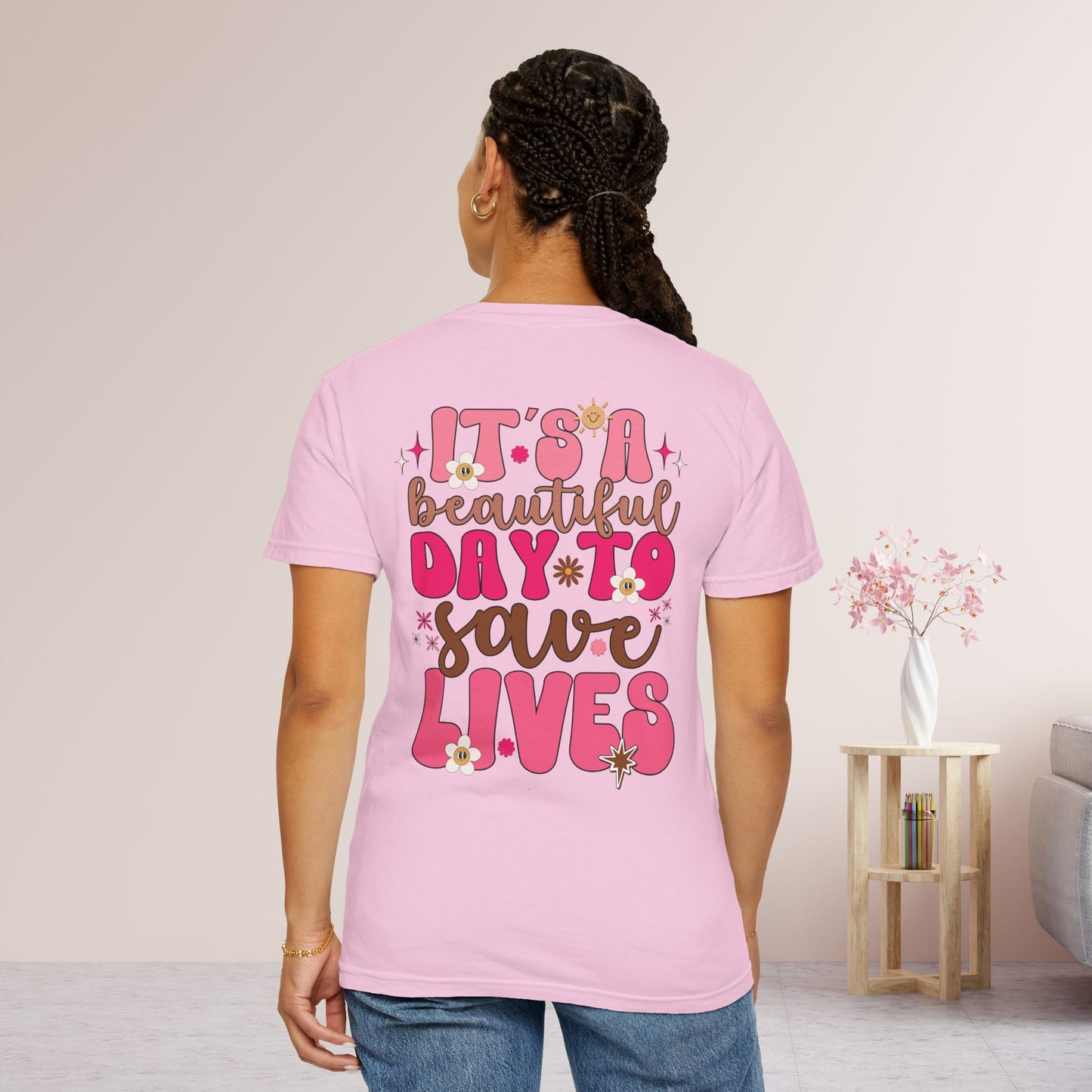 Comfort Colors Pink Groovy Nurse Shirt - It's a Beautiful Day to Save Lives Tee