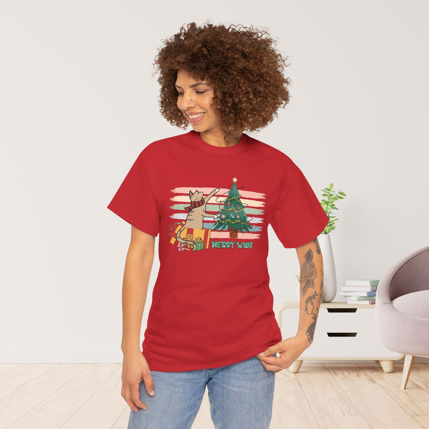 Merry What Funny Cat Christmas Heavy Cotton Tee - Cat Lovers Christmas Gift