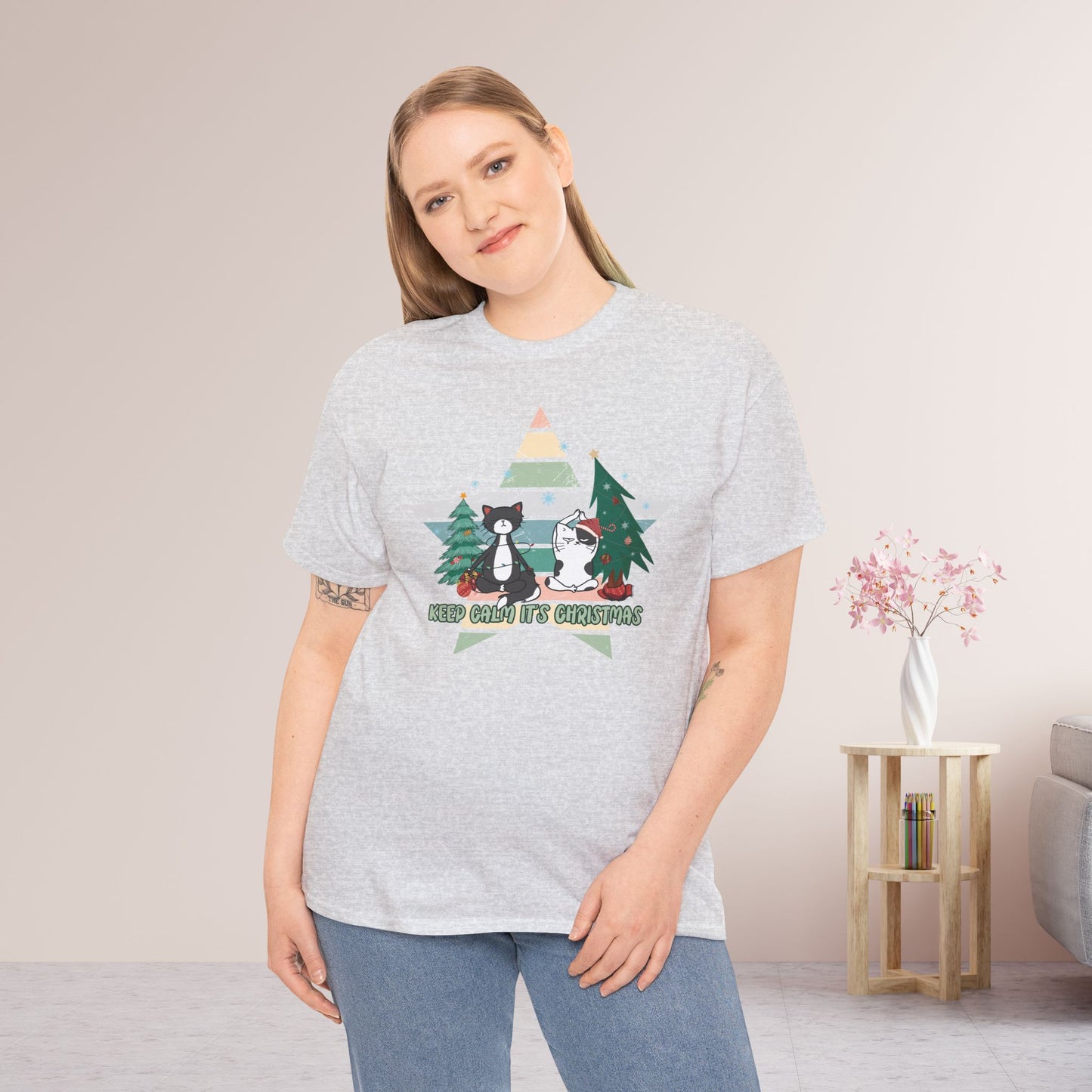 Keep Calm It's Christmas Funny Cat Christmas Heavy Cotton Tee - Cat Lovers Christmas Gift