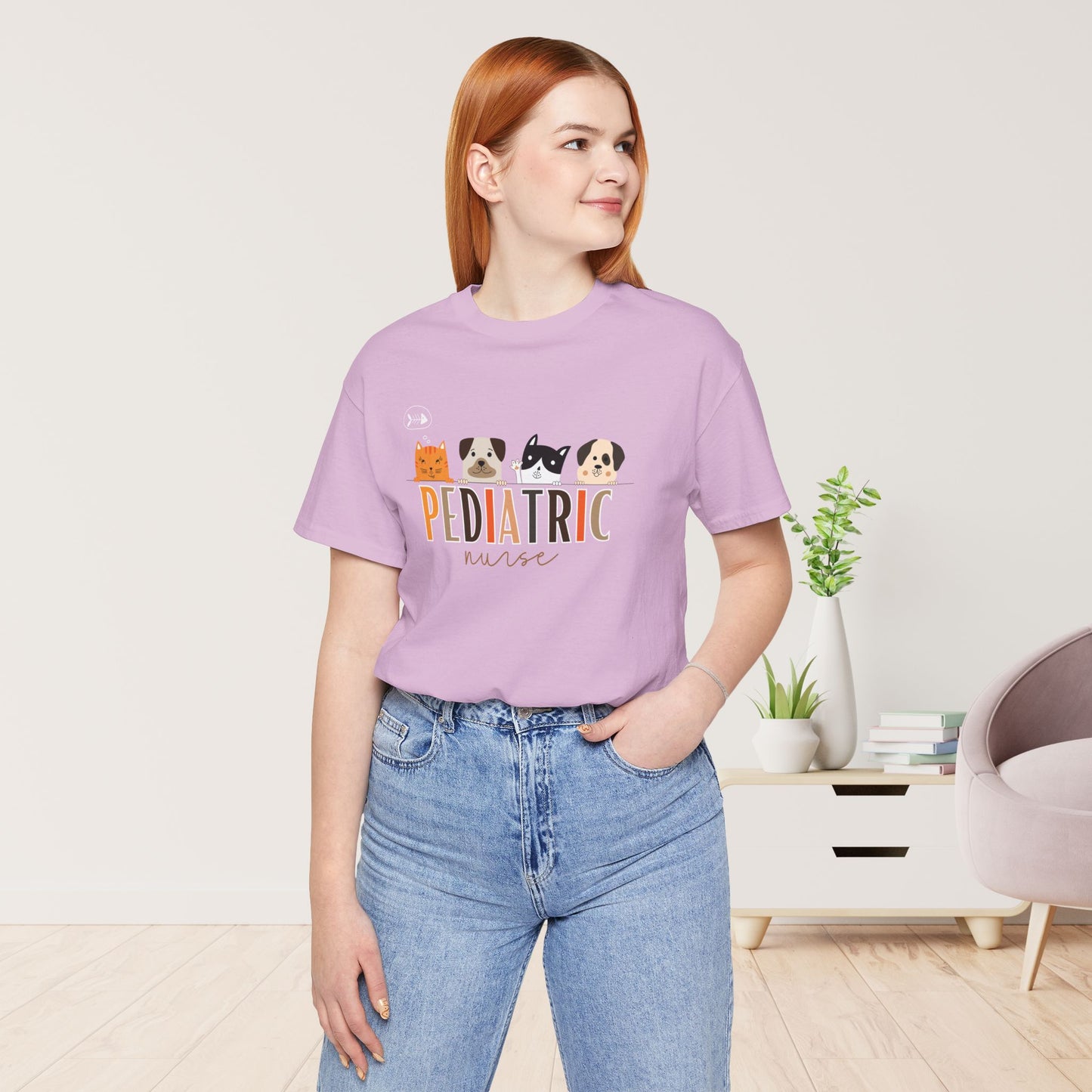 Cute Pediatric Nurse Soft Cotton Tee with Dogs and Cats for PEDS Nurse