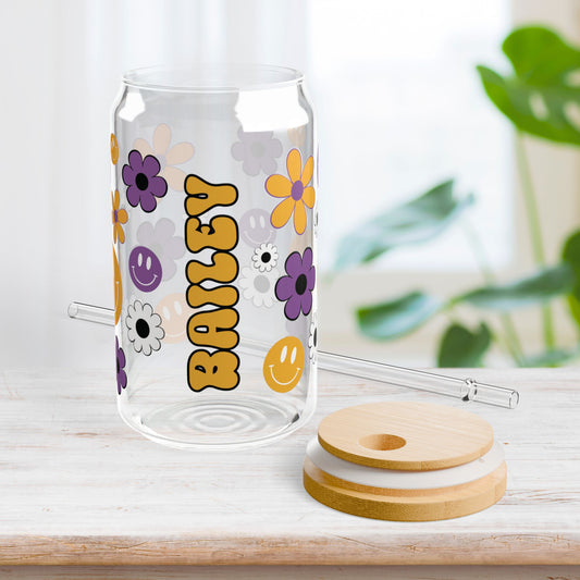 Groovy Personalized Floral Sipper Glass with First Name - Custom Name Gifts A-Z