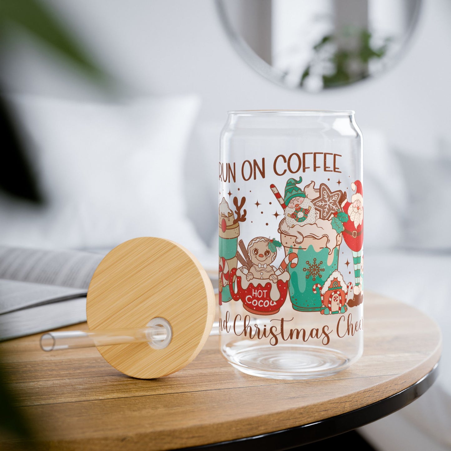 I Run On Coffee And Christmas Cheer Retro Christmas Sipper Glass - Best Christmas Gift