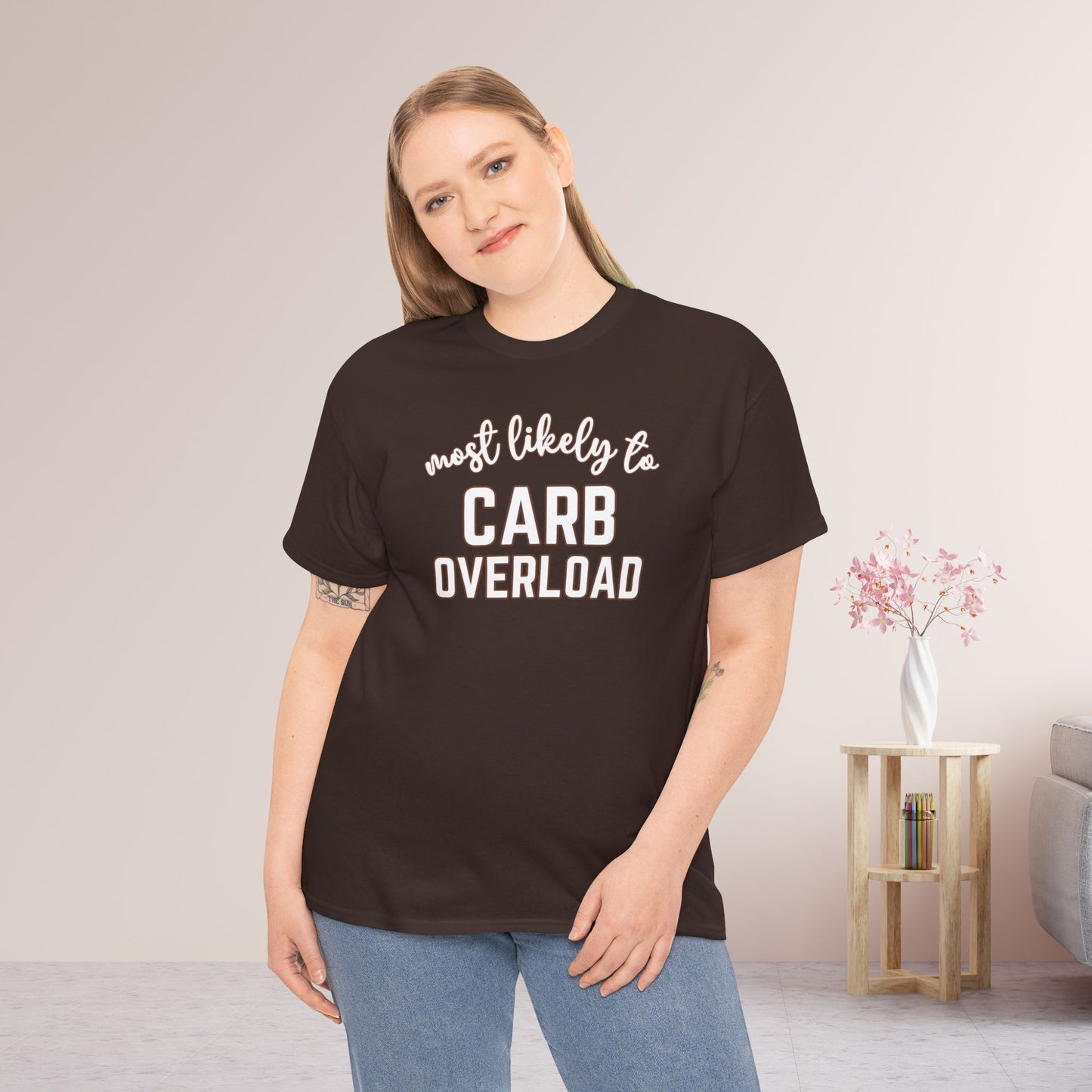 Funny Thanksgiving Shirt - Most Likely to Carb Overload Heavy Cotton Tee