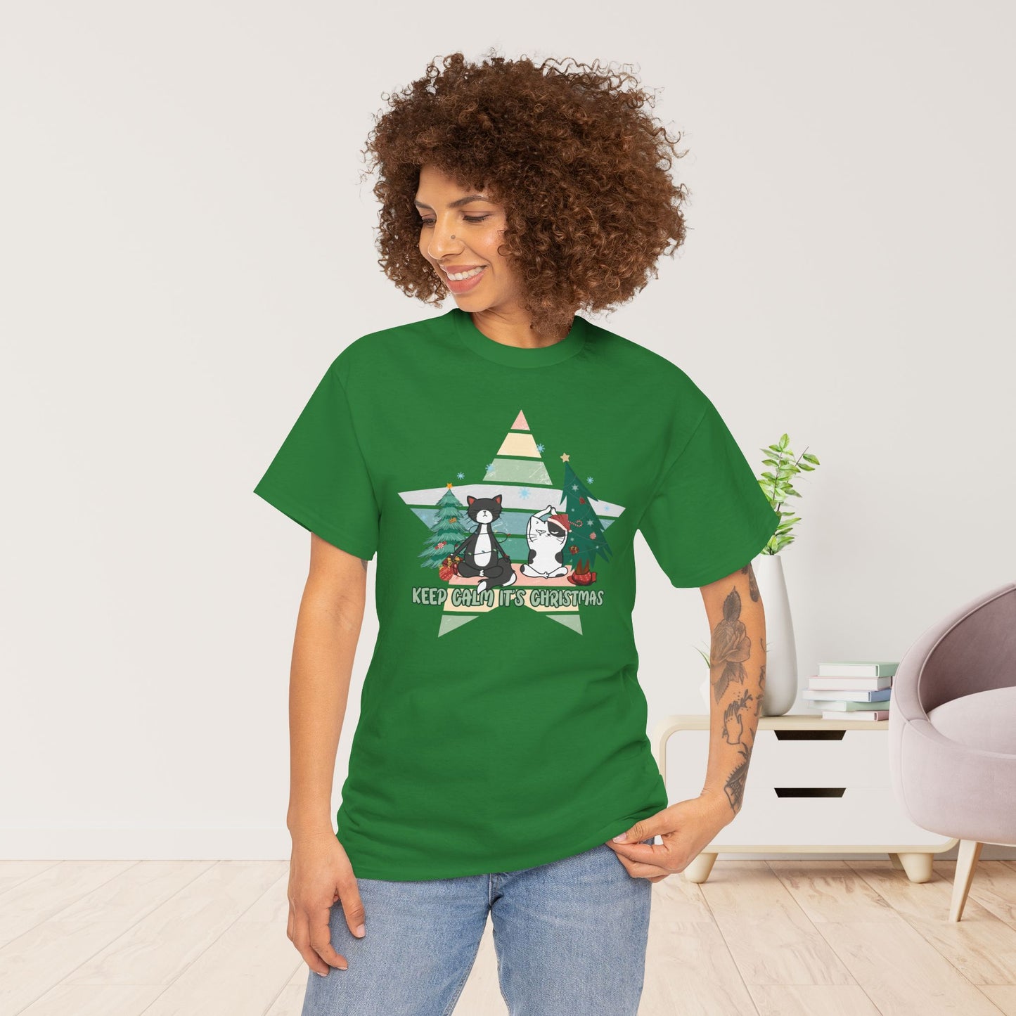 Keep Calm It's Christmas Funny Cat Christmas Heavy Cotton Tee - Cat Lovers Christmas Gift