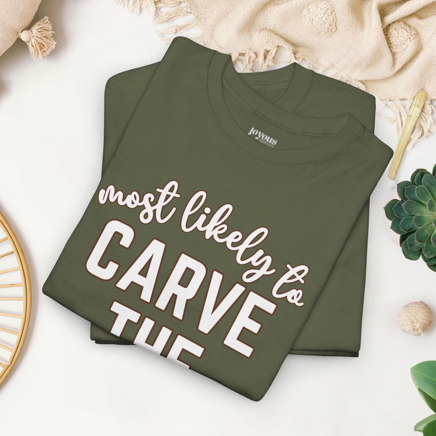 Funny Thanksgiving Shirt - Most Likely To Carve the Turkey Heavy Cotton Tee