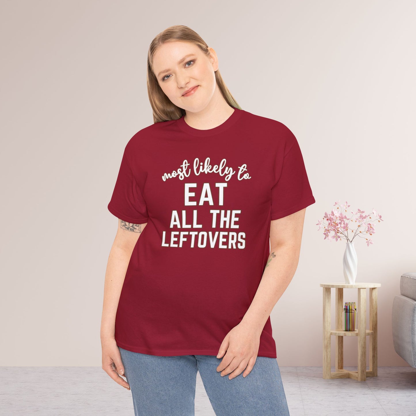 Funny Thanksgiving Shirt - Most likely to Eat All the Leftovers Heavy Cotton Tee