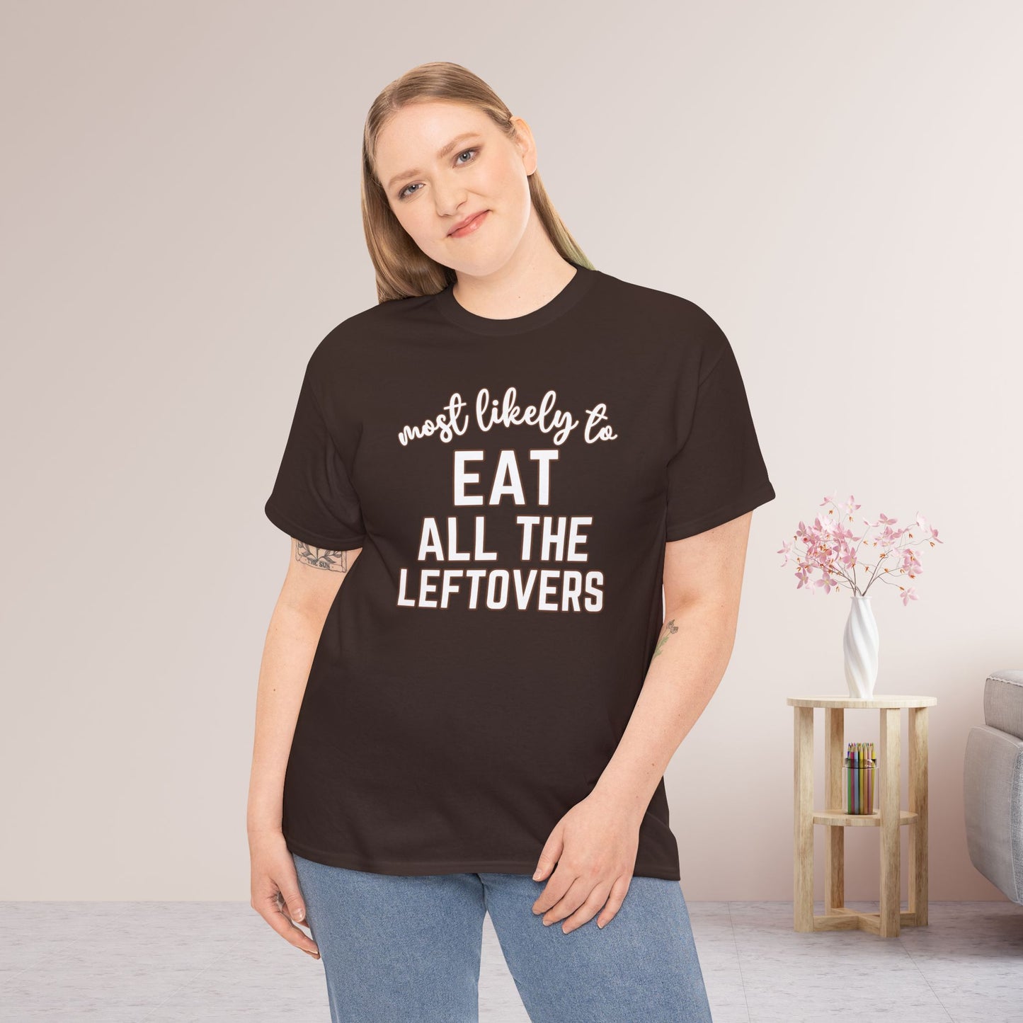 Funny Thanksgiving Shirt - Most likely to Eat All the Leftovers Heavy Cotton Tee