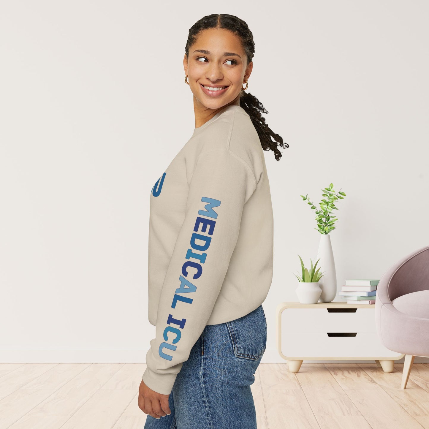 Trendy Blue MICU Sweatshirt with Sleeve Print - Medical ICU Crewneck