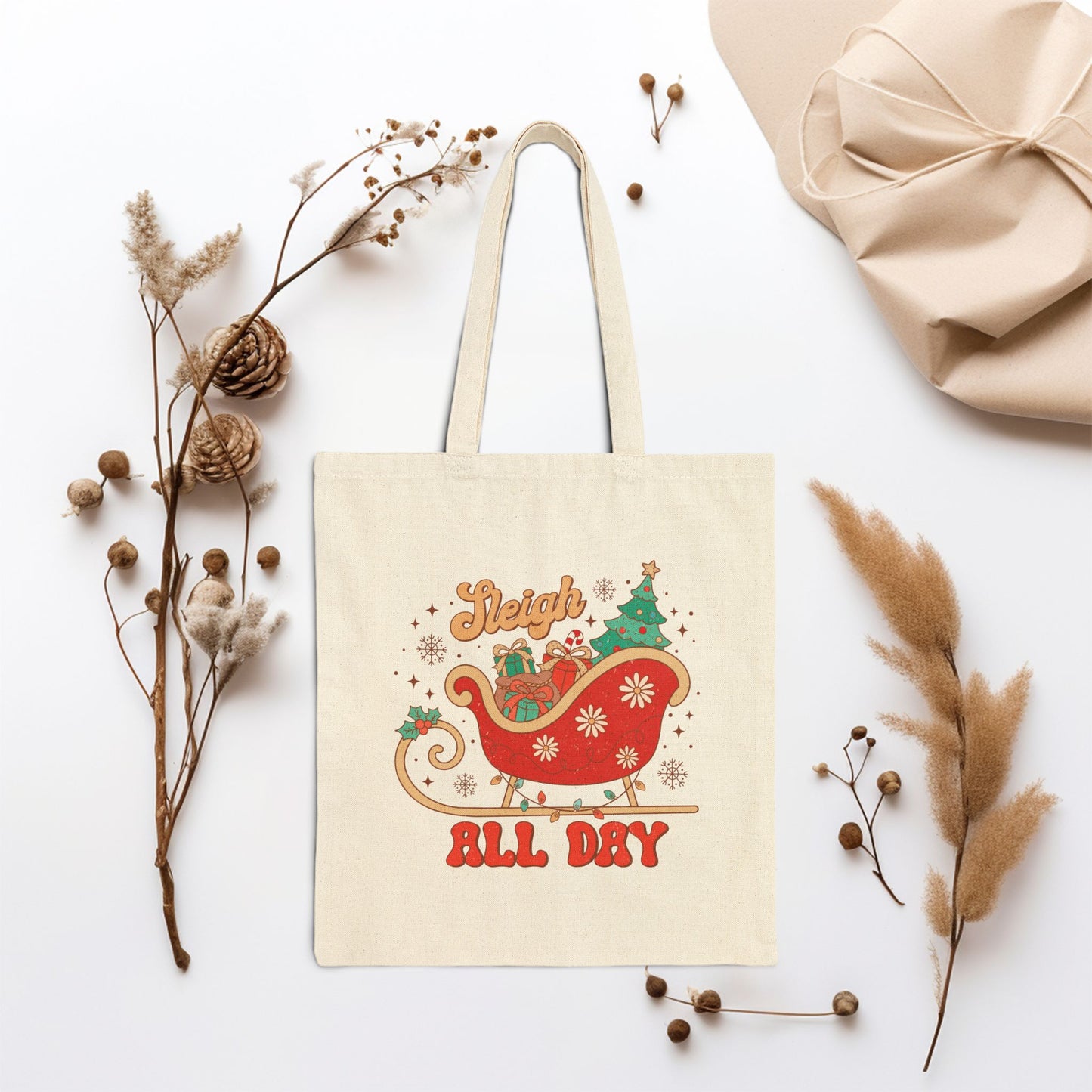 Sleigh All Day Retro Christmas Canvas Tote Bag - Best Christmas Gift