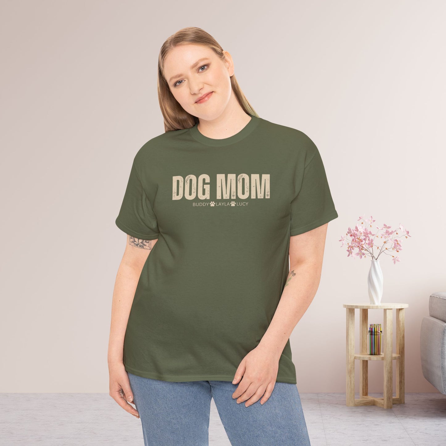 Custom Dog Mom Heavy Cotton Tee with Dogs Name - Personalized Dog Lover Gift