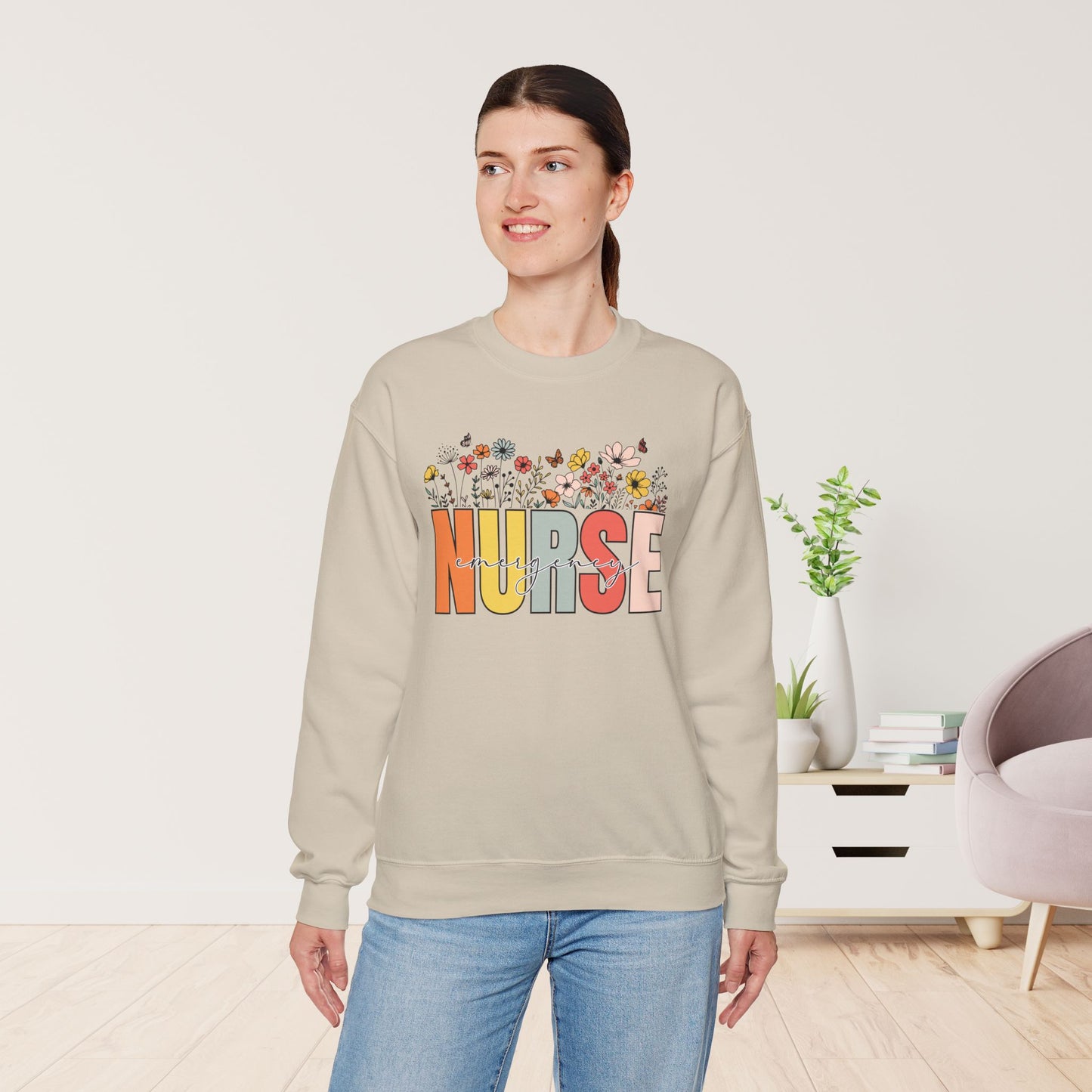 ER Nurse Sweatshirt with Spring Flowers for Emergency Room Nurse